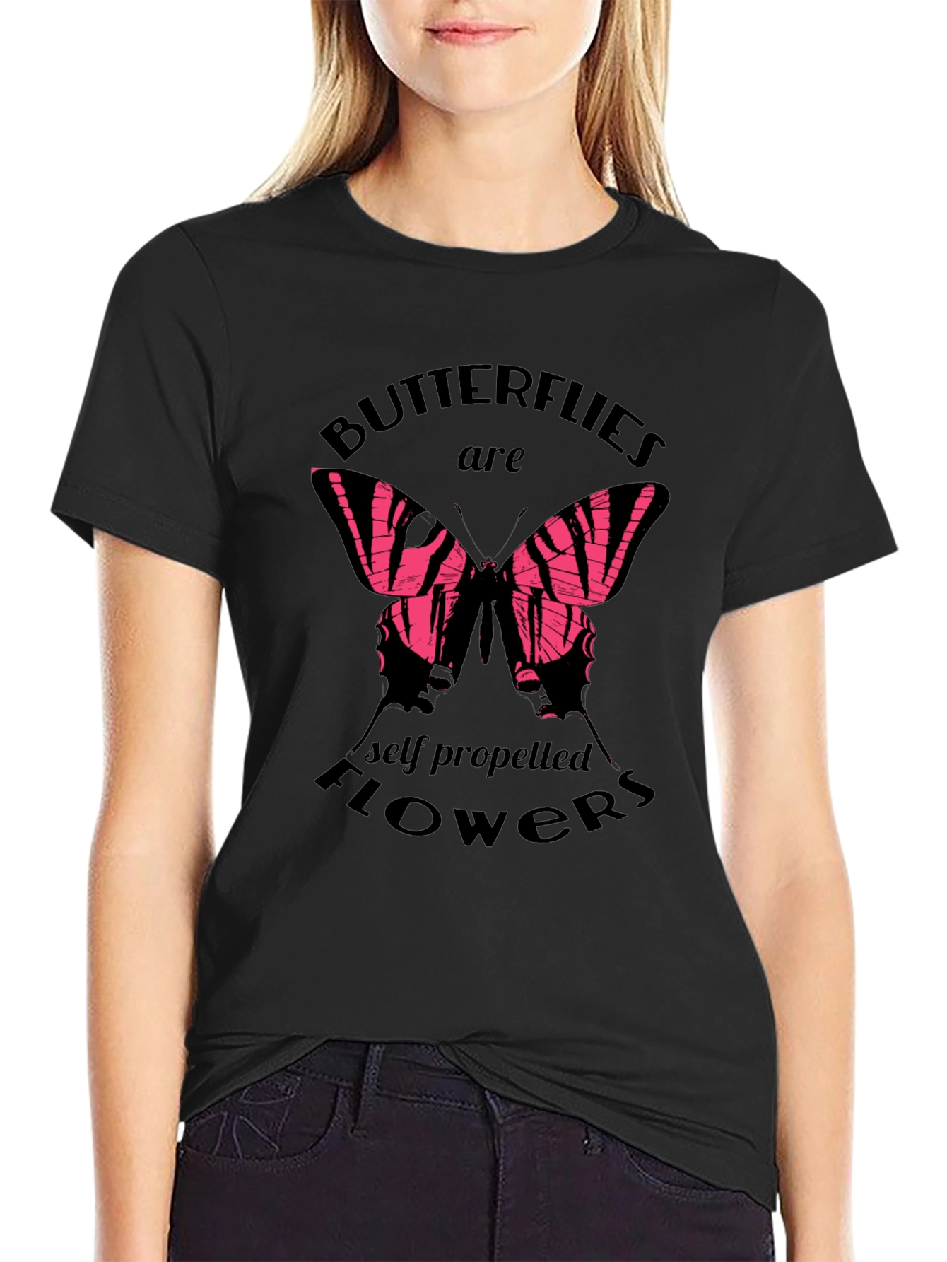 Black Butterfly Flowers Graphic T-Shirt - Trendy Black Tee view 2
