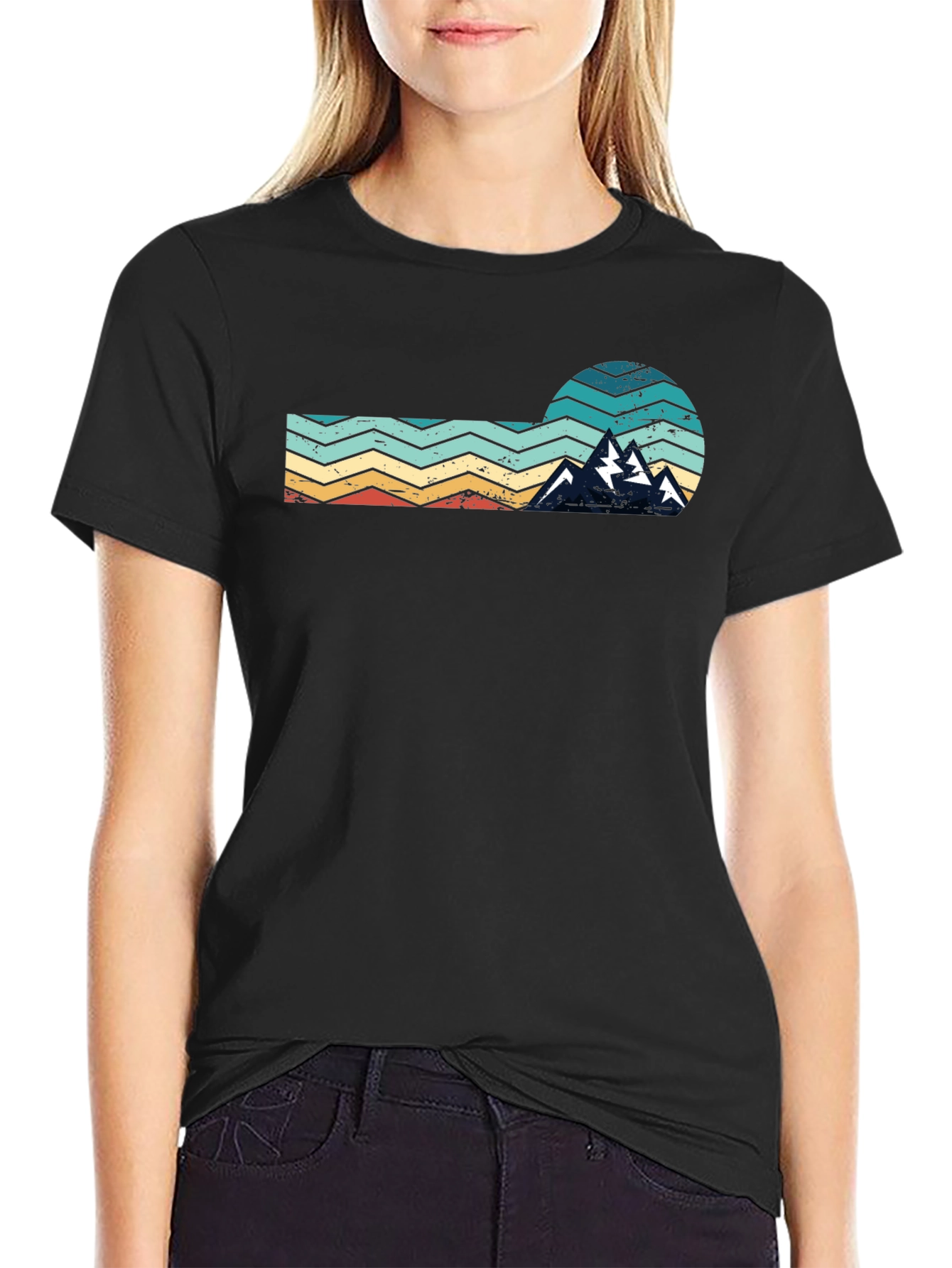 Black Retro Mountain Graphic Tee - Vintage Style Black T-Shirt view 2