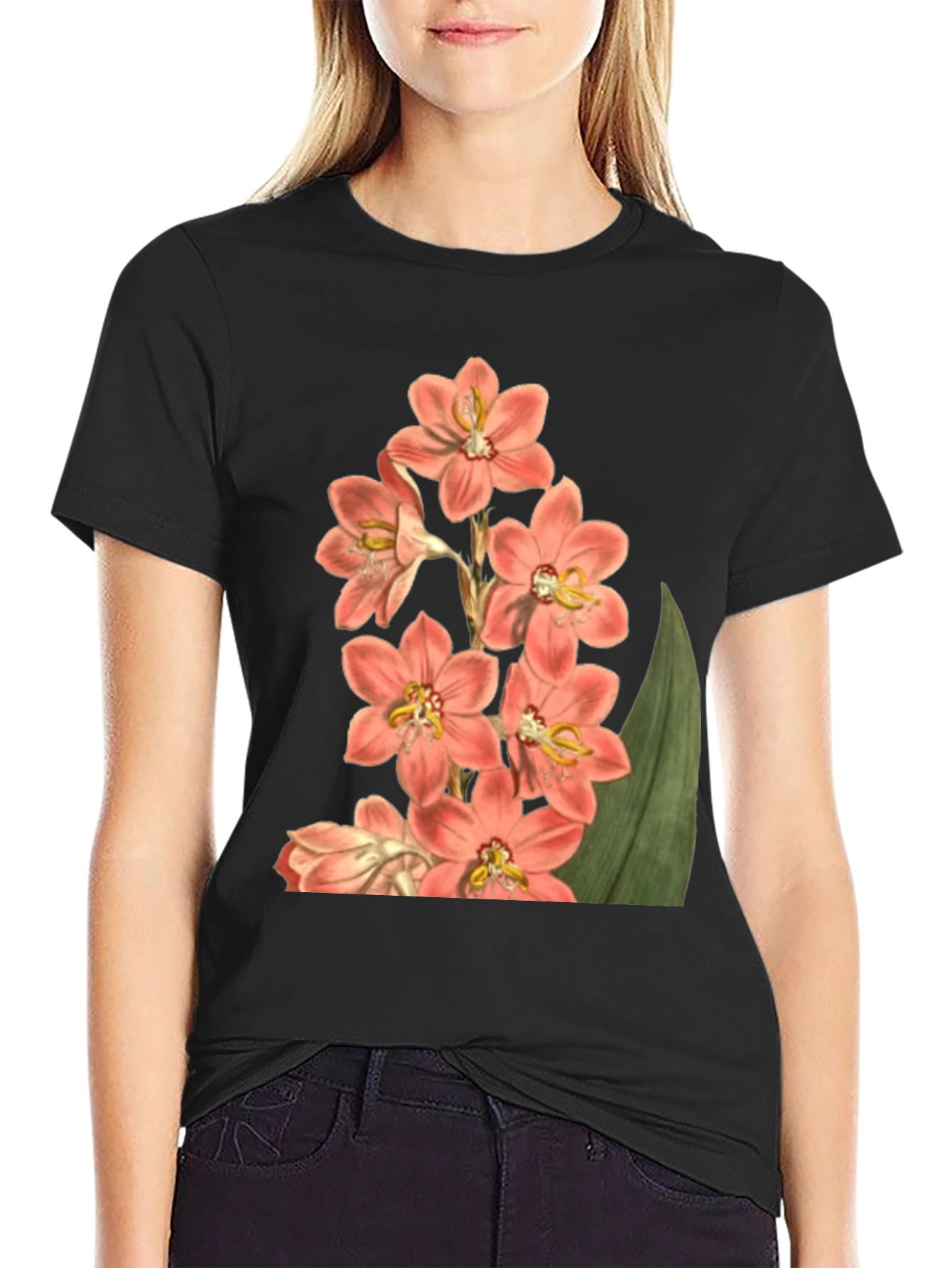 Black Floral Print T-Shirt - Black Cotton Blend view 2