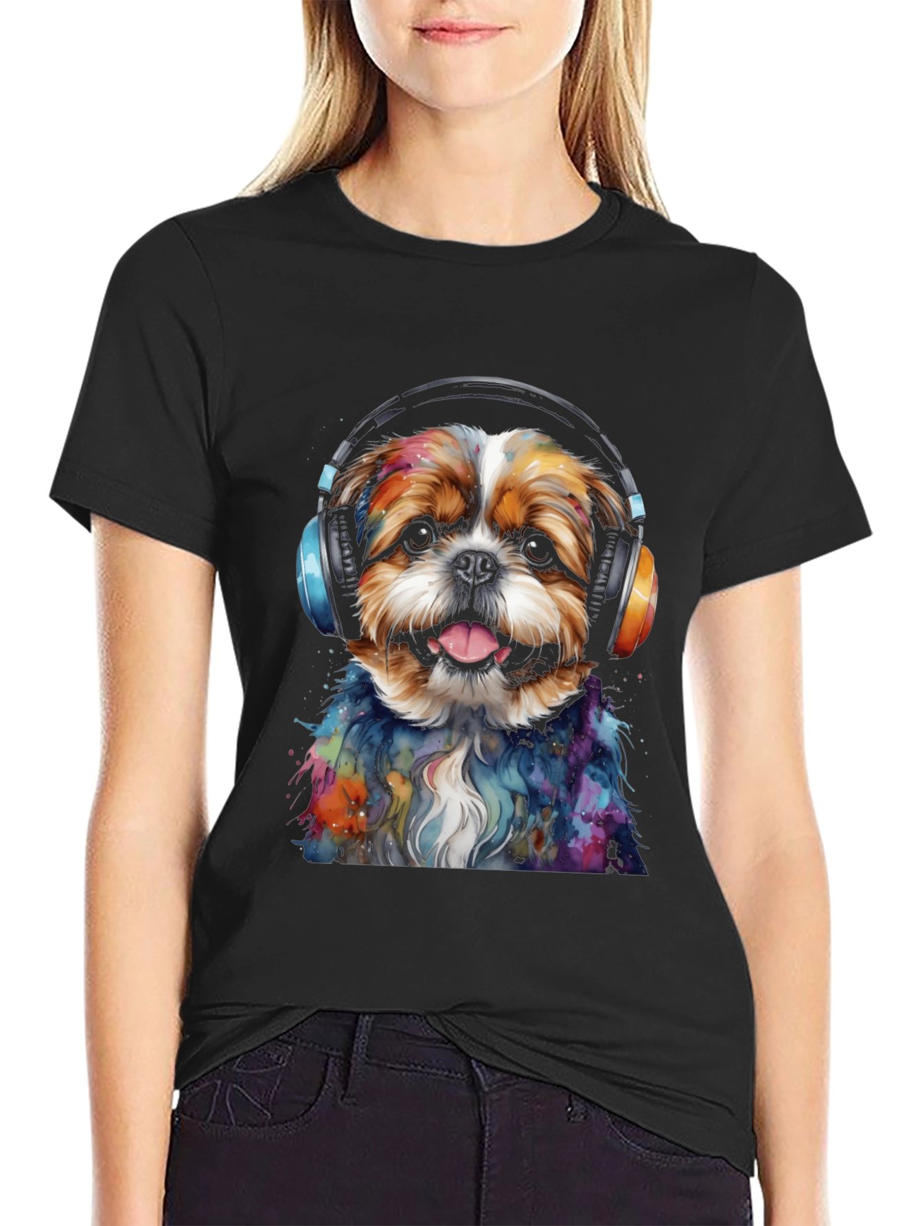 Black Dog with Headphones Graphic Tee view 2
