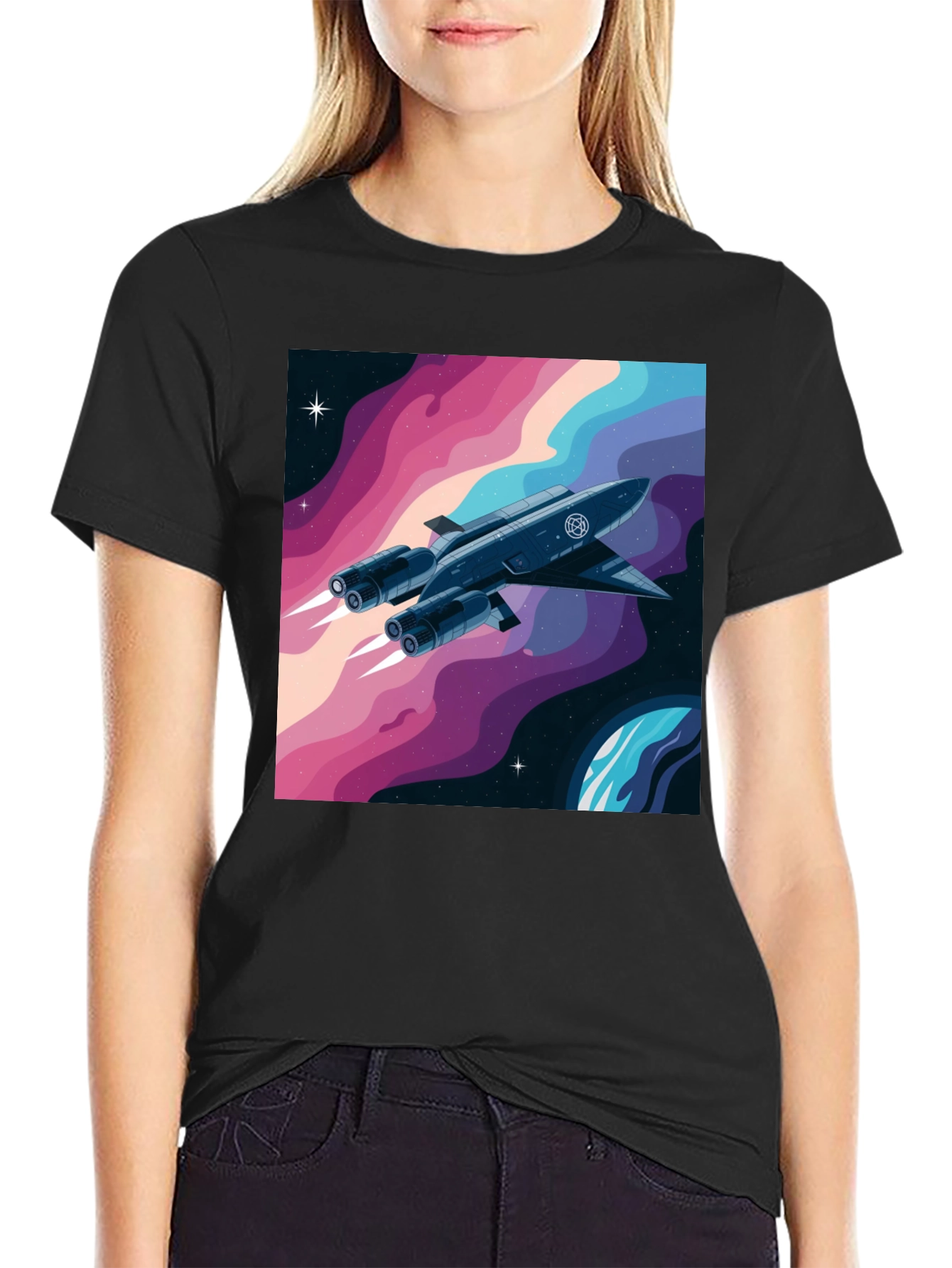 Black Retro Space Rocket Graphic Tee view 2
