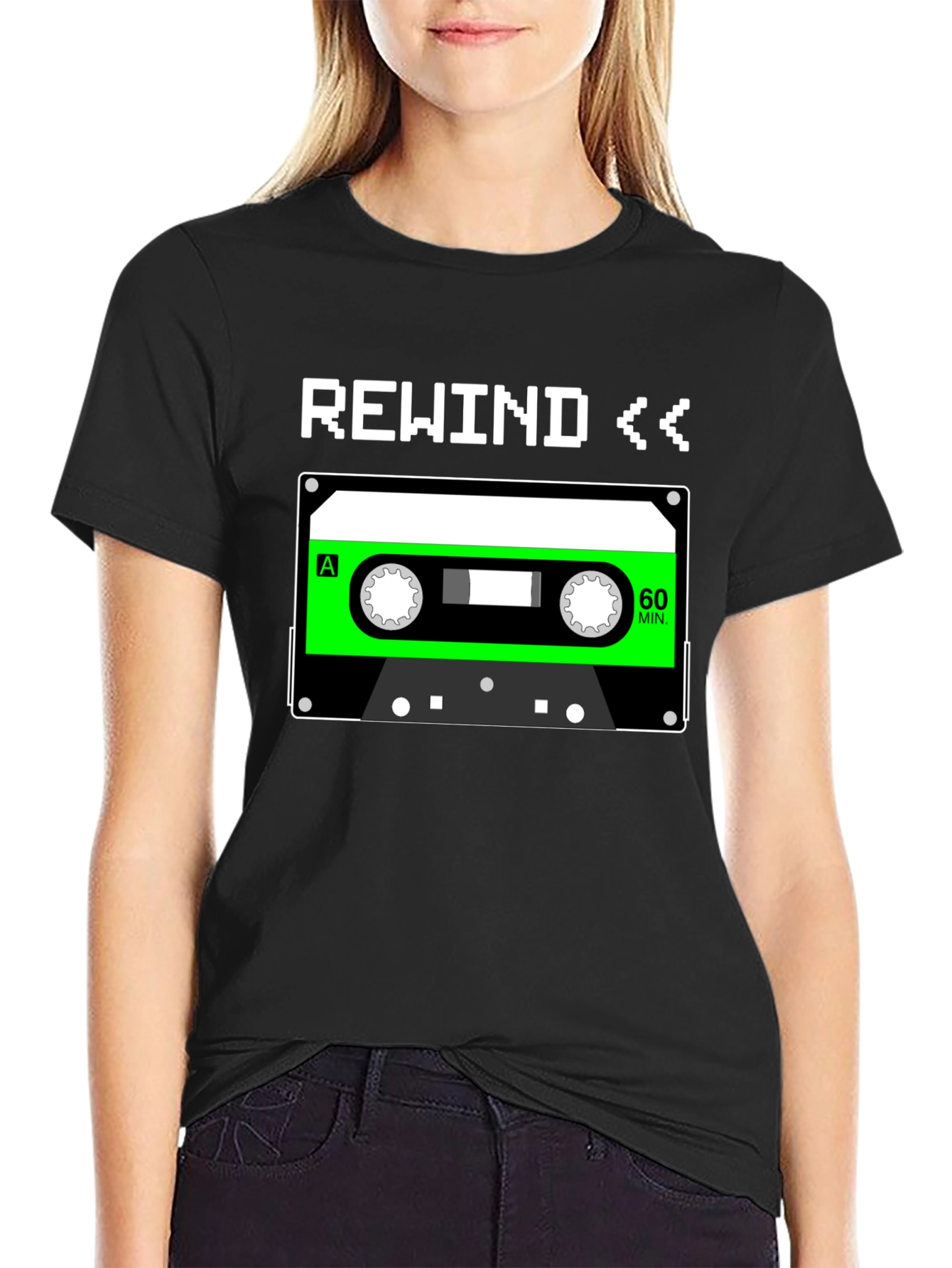 Black Retro Rewind Cassette Tape Graphic Tee - 80s Nostalgia T-Shirt view 2