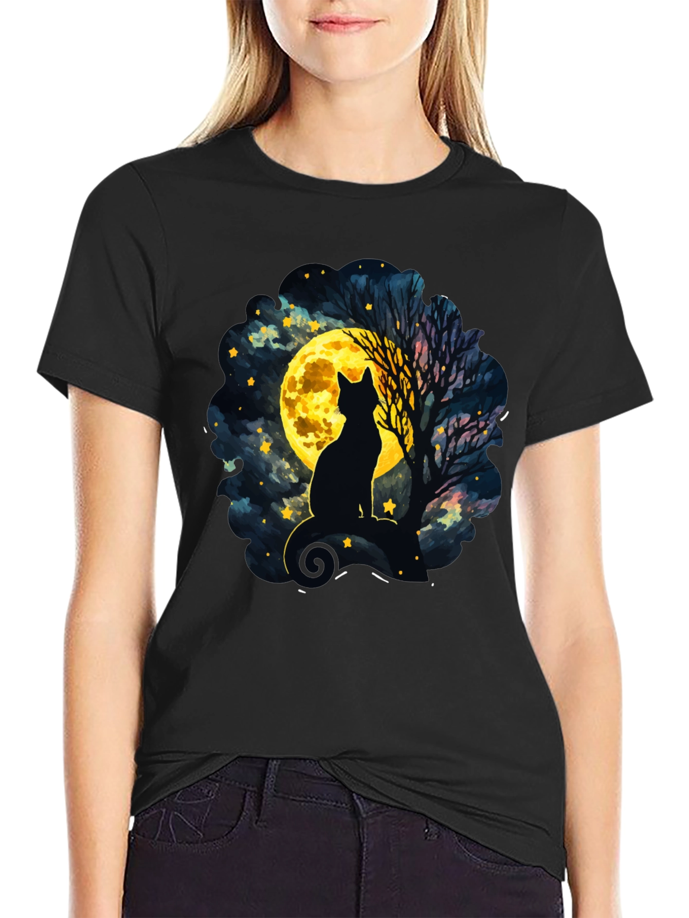 Black Moonlit Cat T-Shirt - Whimsical Night Sky Design view 2
