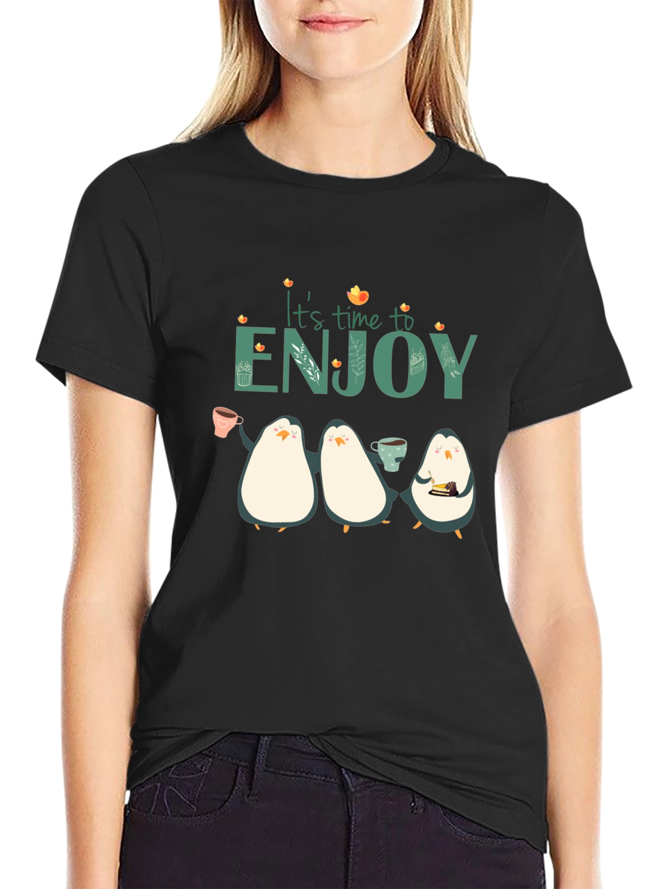 Black It's Time To Enjoy Penguin T-Shirt view 2