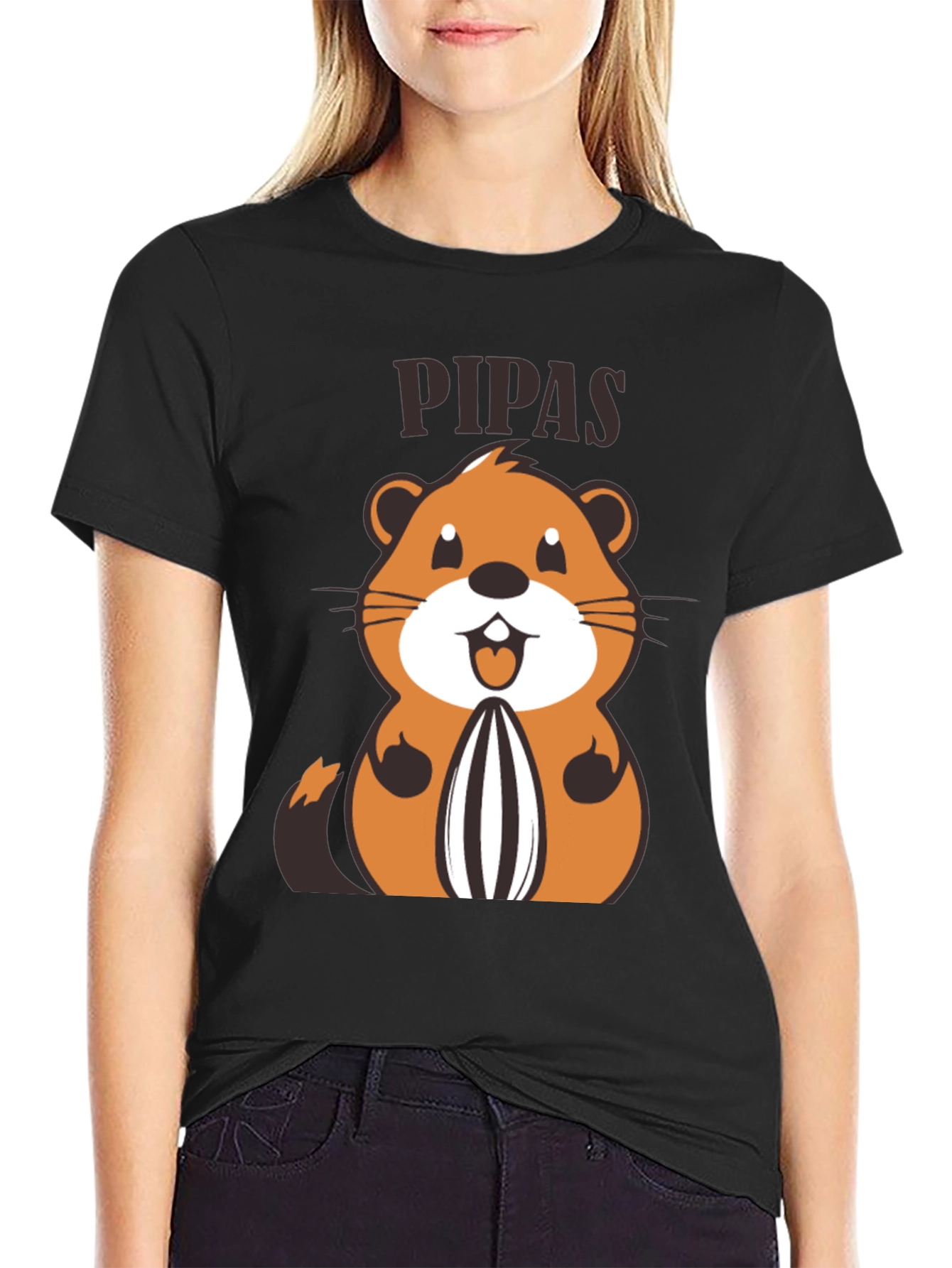 Black Funny PIPAS T-Shirt with Cartoon Animal Design view 2
