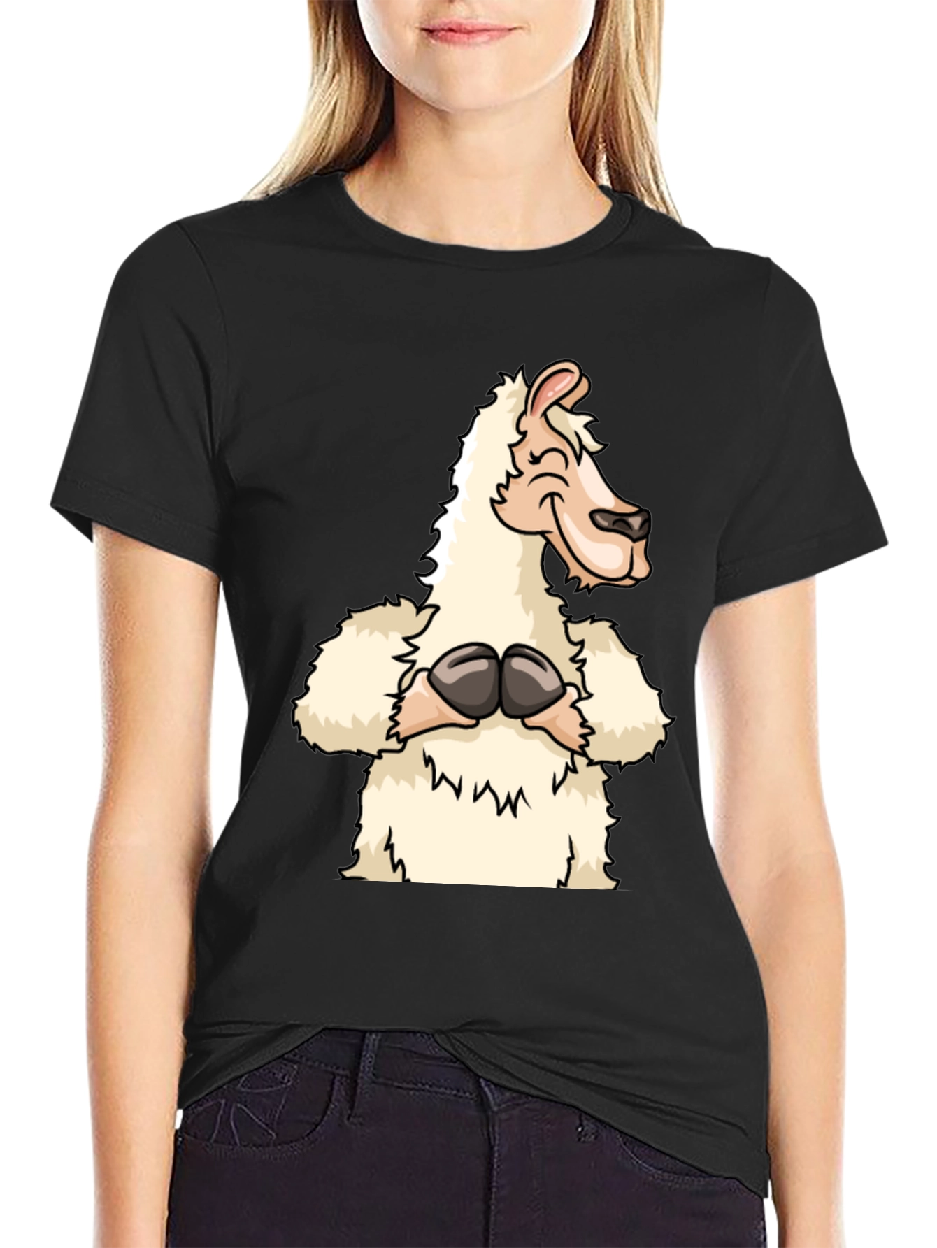 Black Funny Llama Graphic Tee - Black Cotton T-Shirt view 2