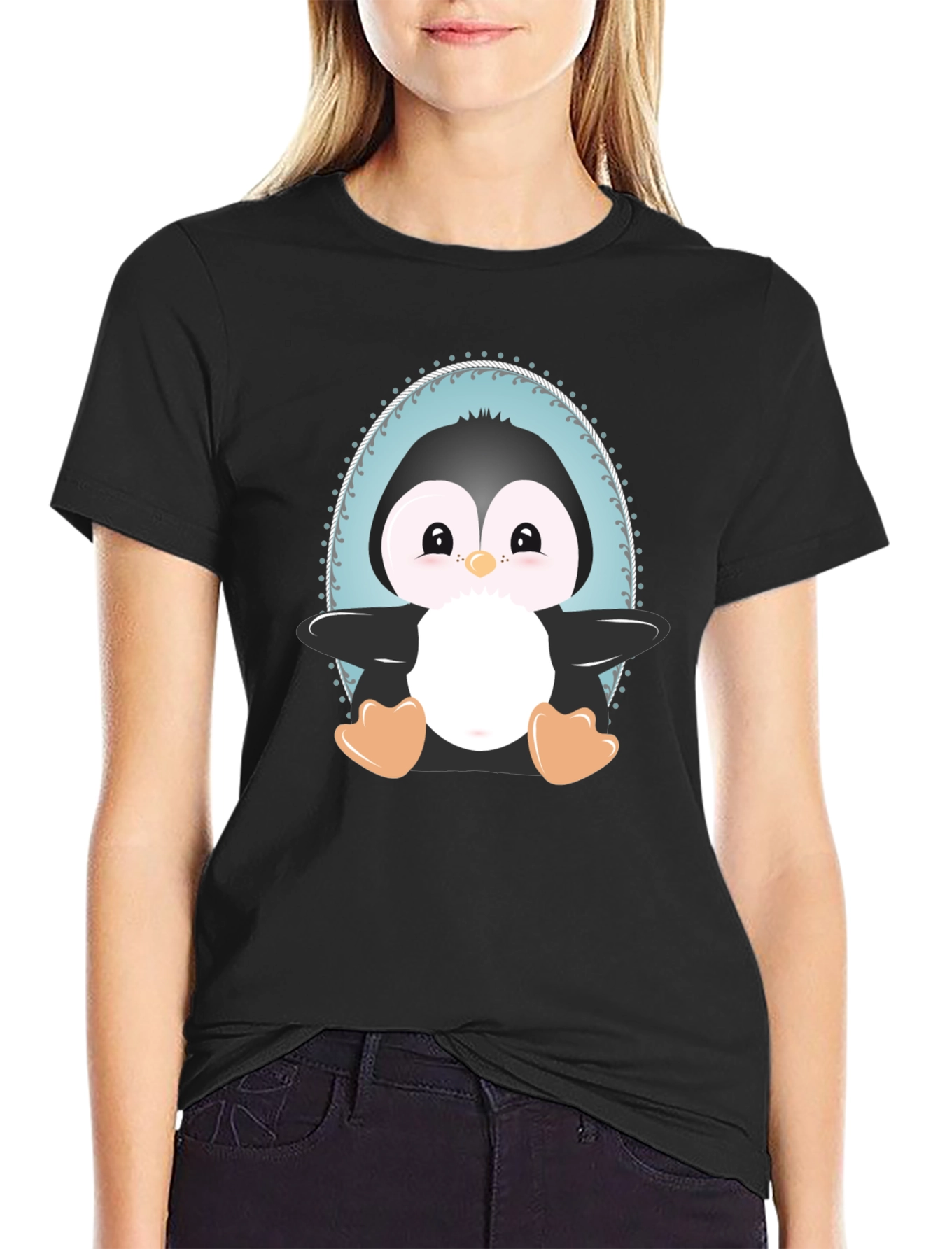 Black Cute Penguin Graphic Tee - Unisex Black T-Shirt view 2