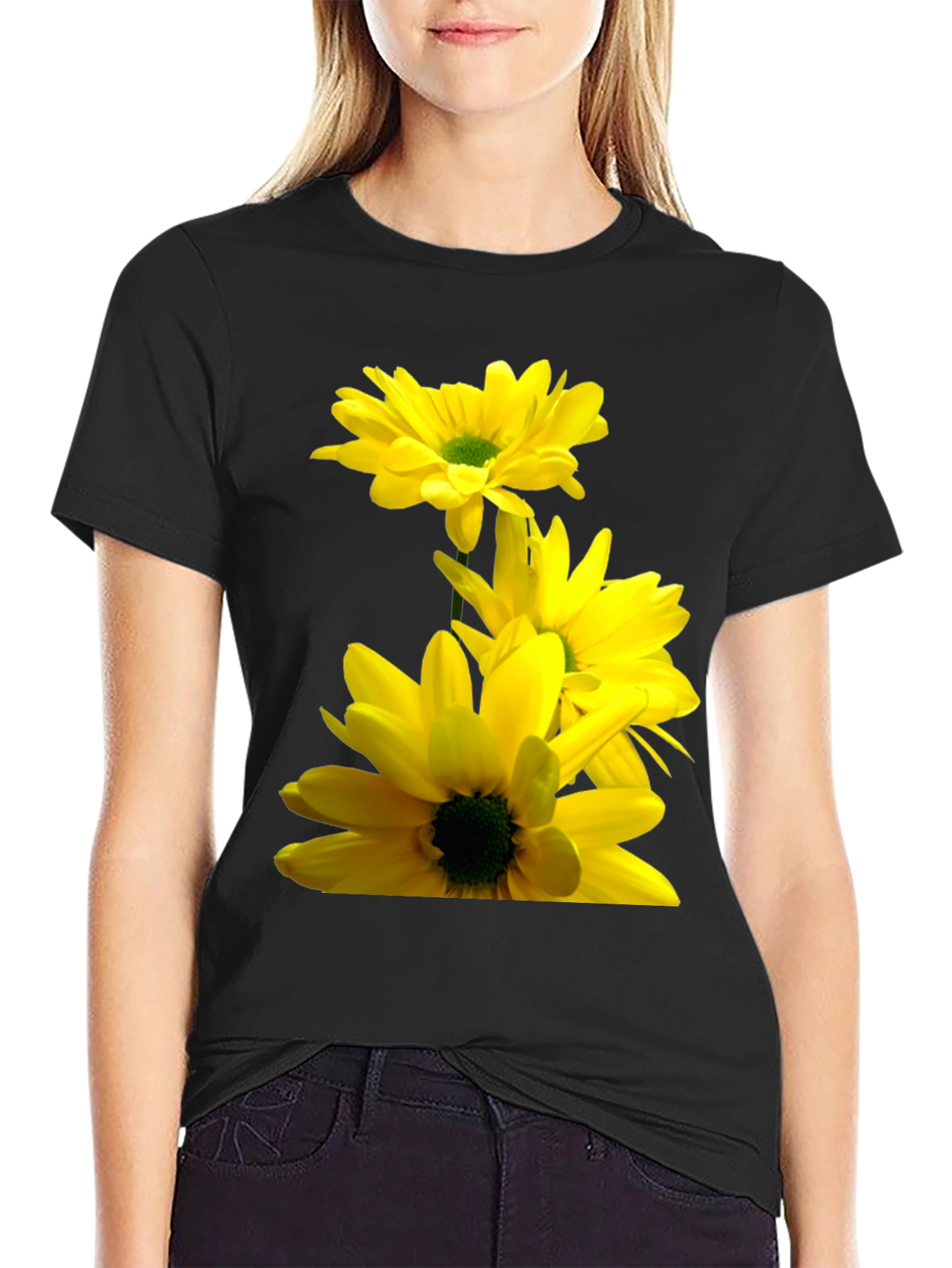 Black Black T-Shirt with Yellow Daisy Flower Print view 2