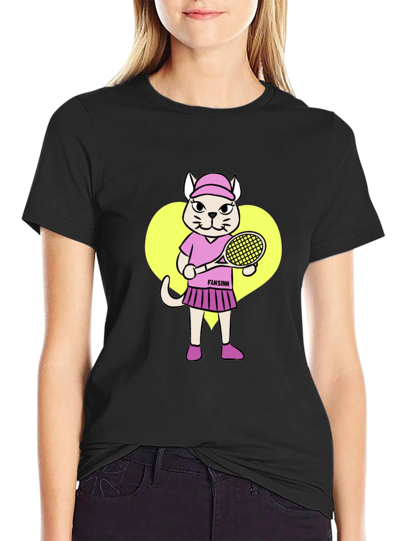 Black Funny Cat Tennis Player Black T-Shirt view 2