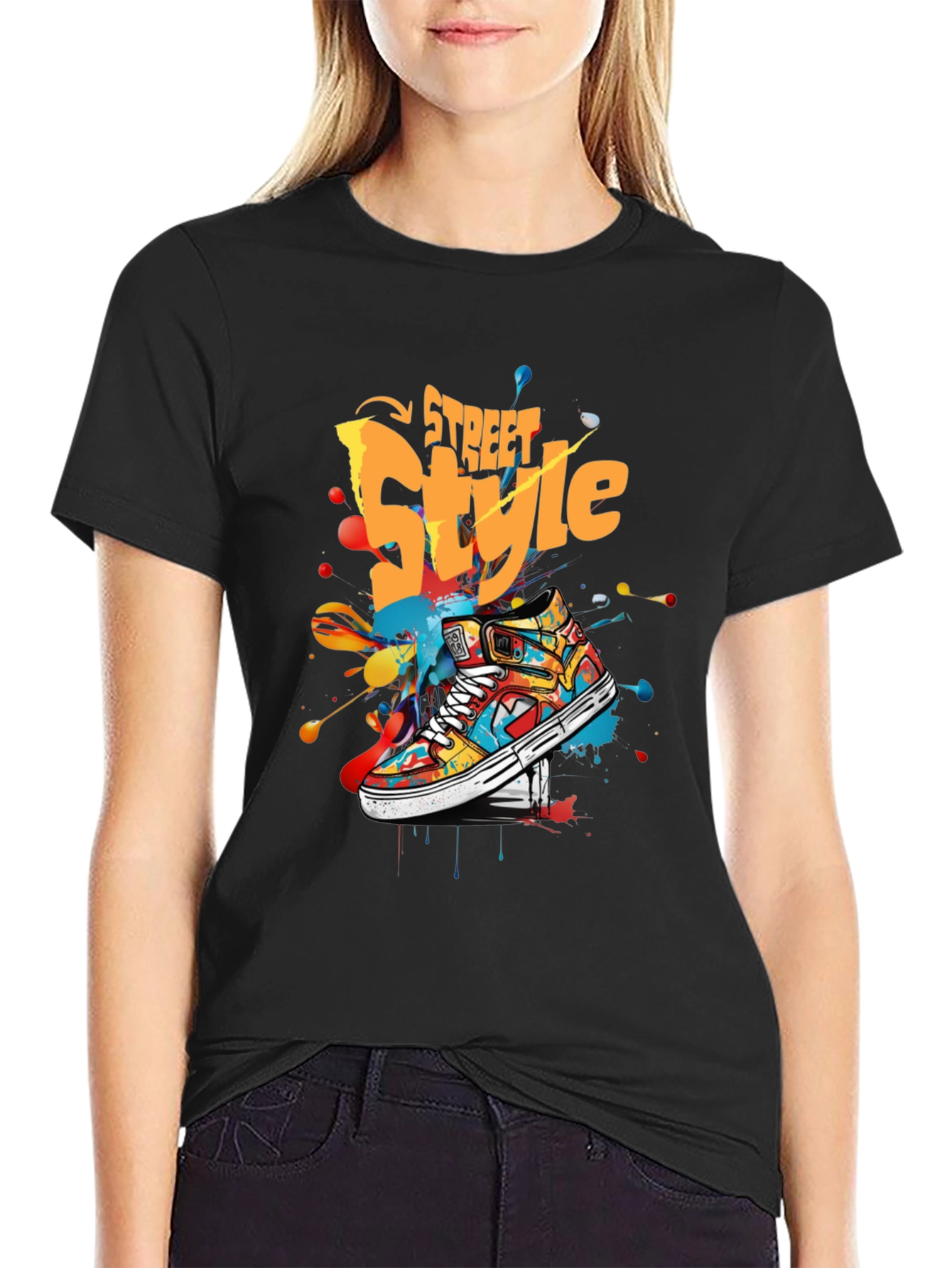 Black Street Style Graphic Tee - Colorful Sneaker Design view 2
