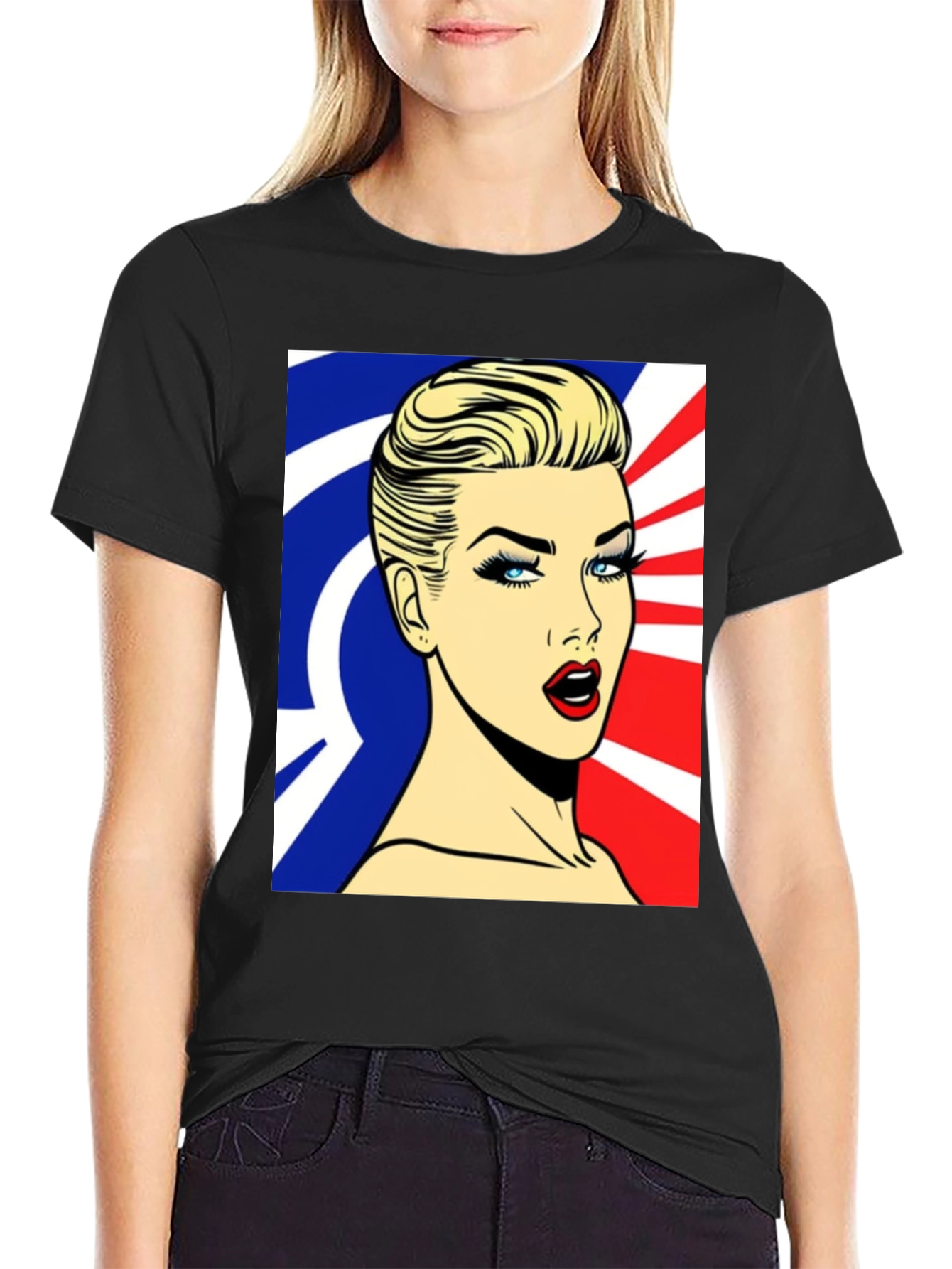 Black Pop Art Woman Graphic Print Black T-Shirt view 2