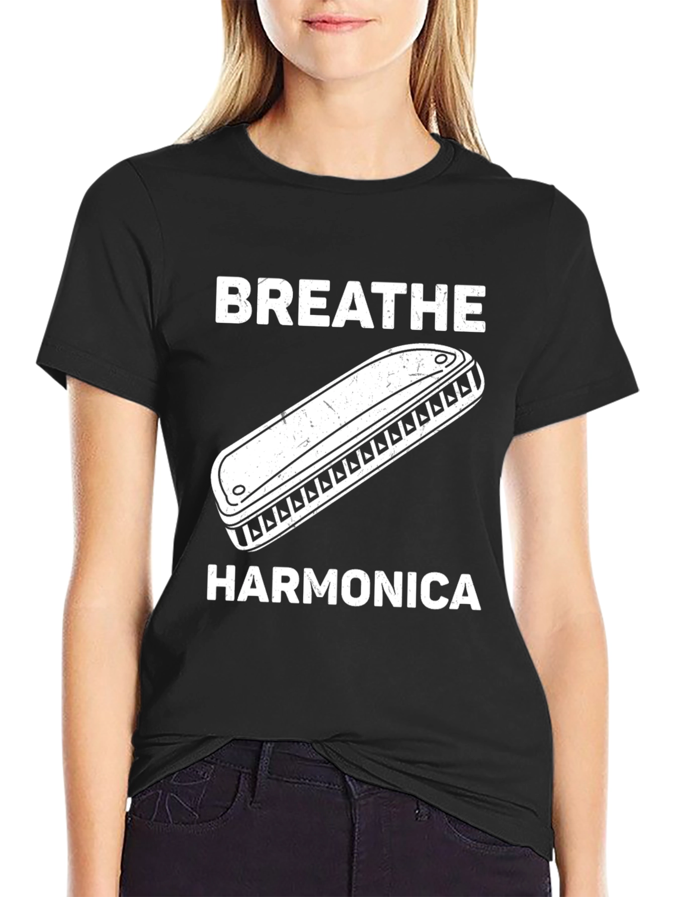 Black Breathe Harmonica Graphic T-Shirt, Music Lover Tee view 2