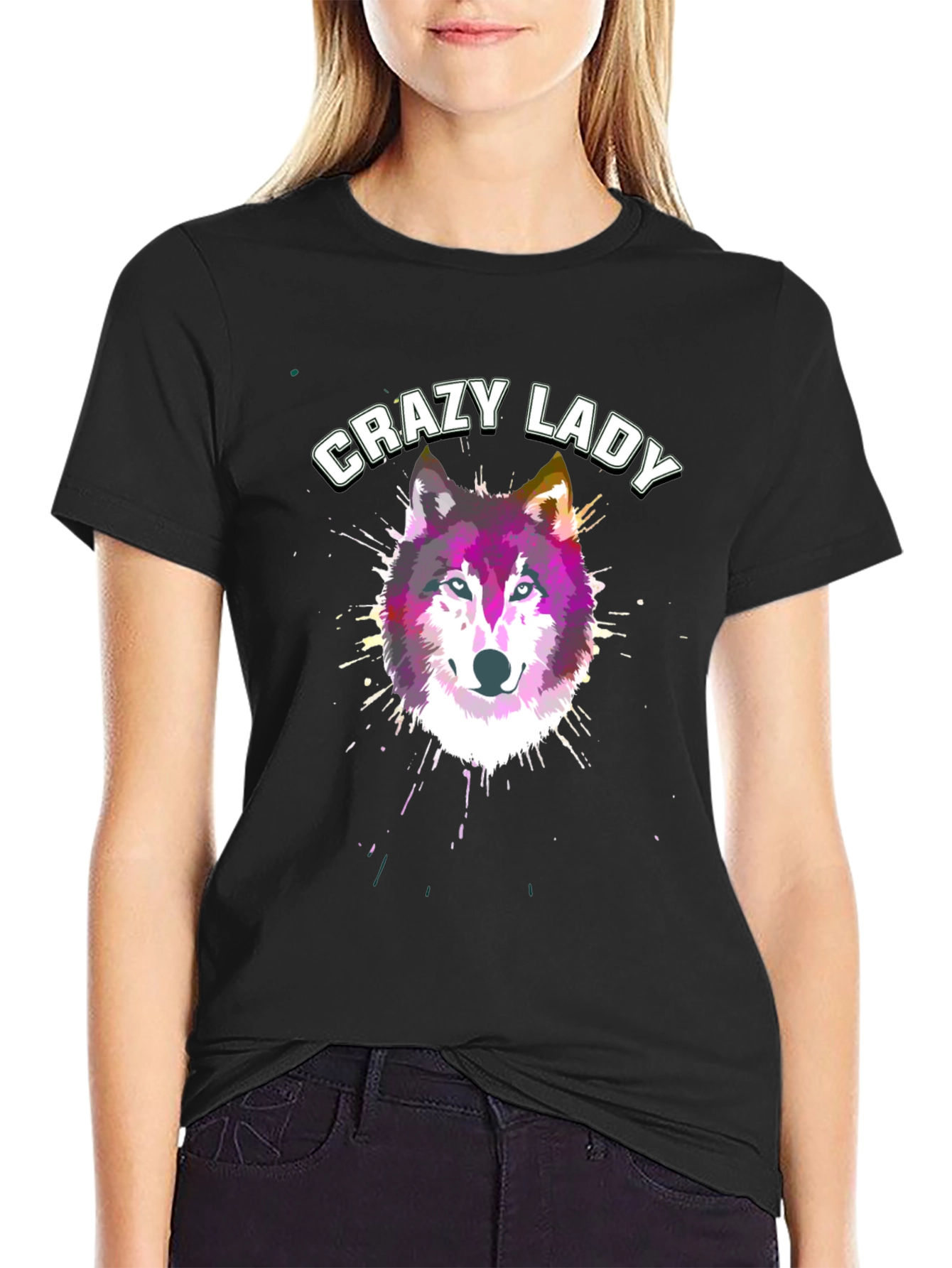 Black Crazy Lady Wolf Graphic T-Shirt | Unisex view 2