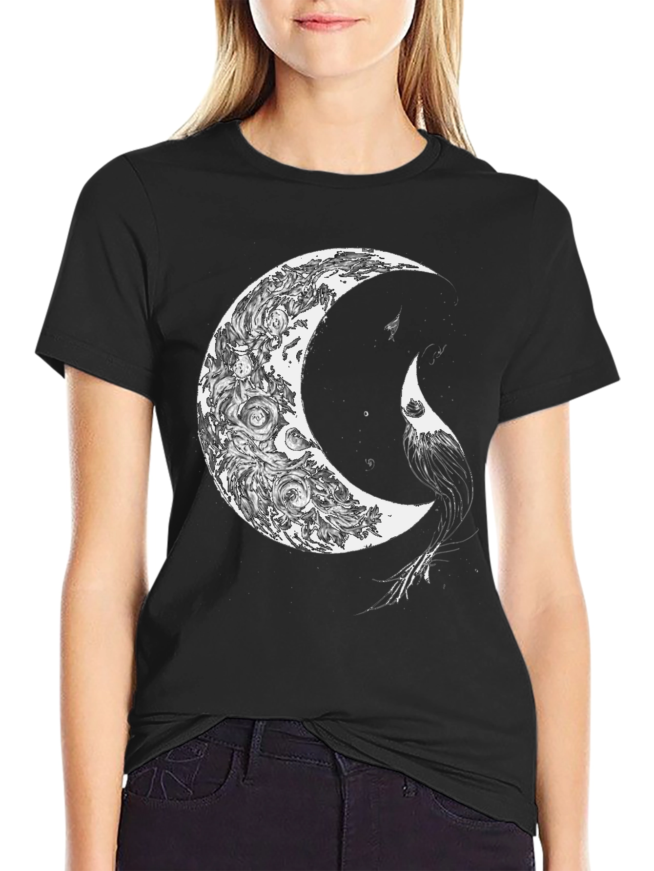 Black Celestial Crescent Moon Graphic Print T-Shirt view 2