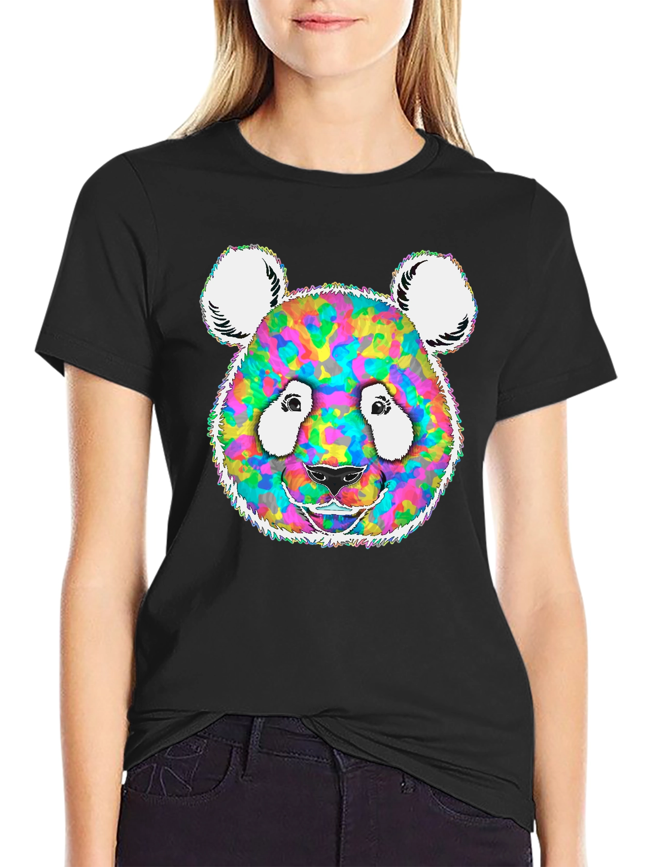 Black Colorful Panda Graphic Tee - Unique Design view 2