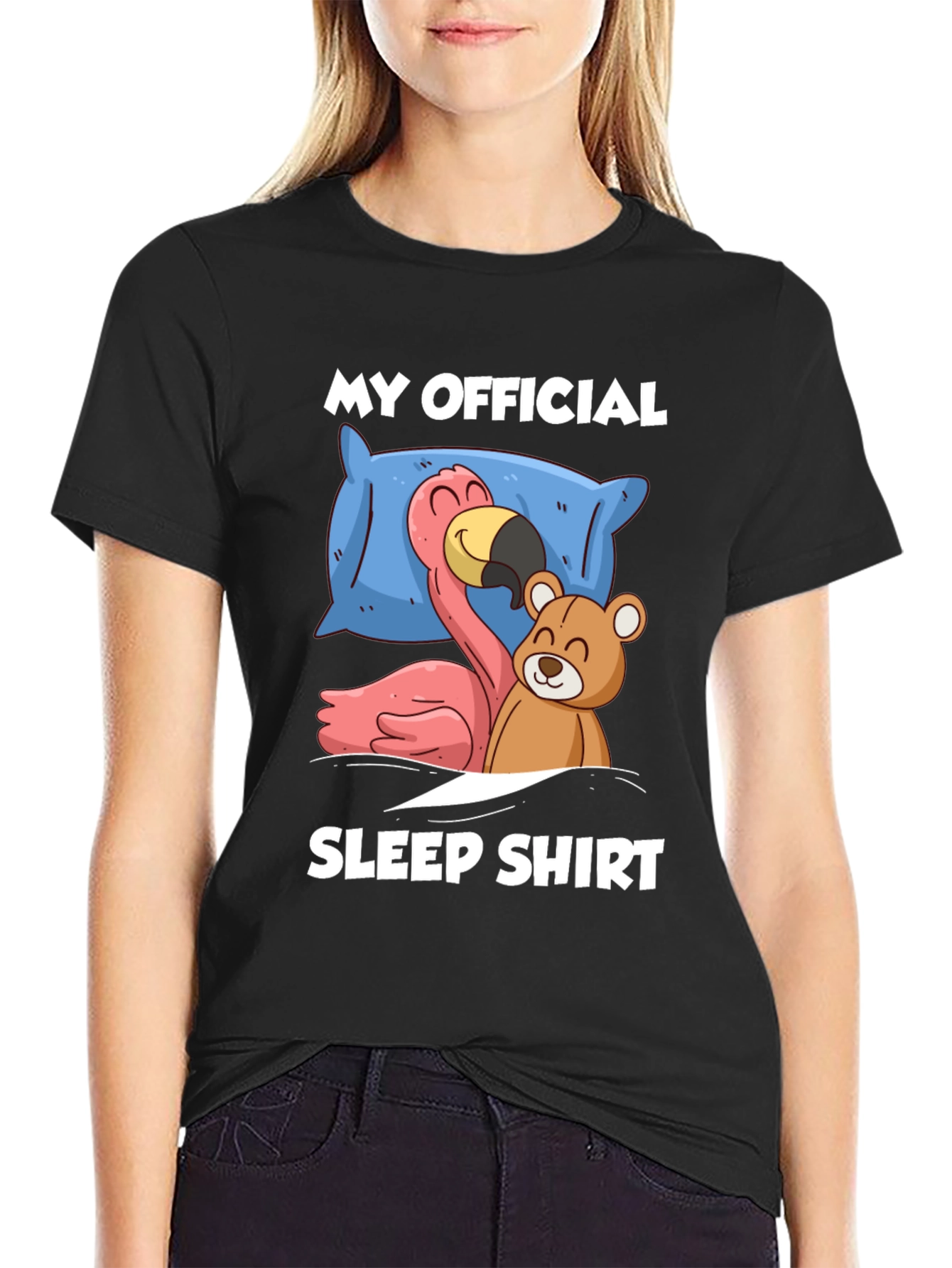 Black Funny Sleep Shirt: Flamingo & Teddy Bear Graphic Tee view 2