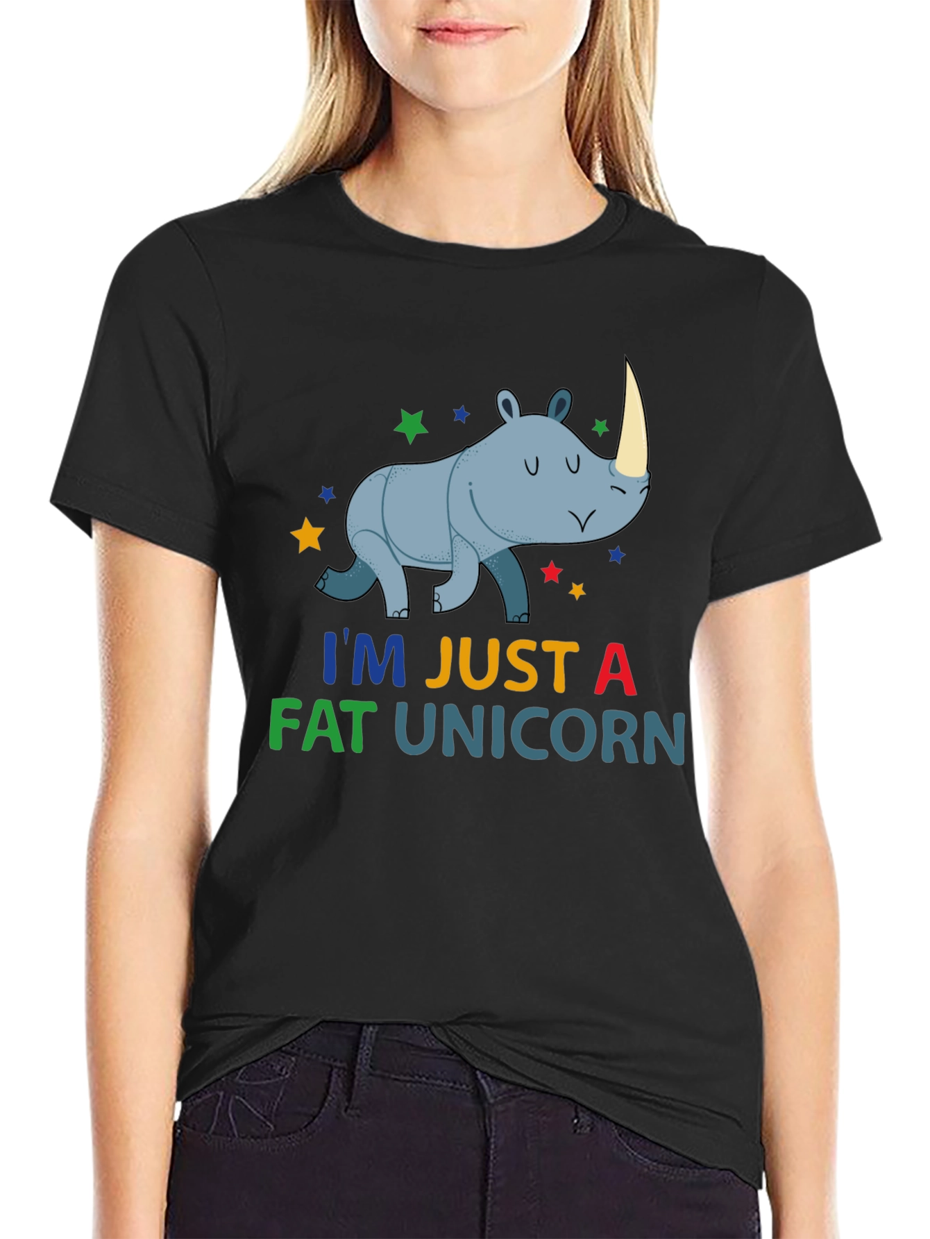 Black Funny Fat Unicorn Rhino Graphic T-Shirt view 2