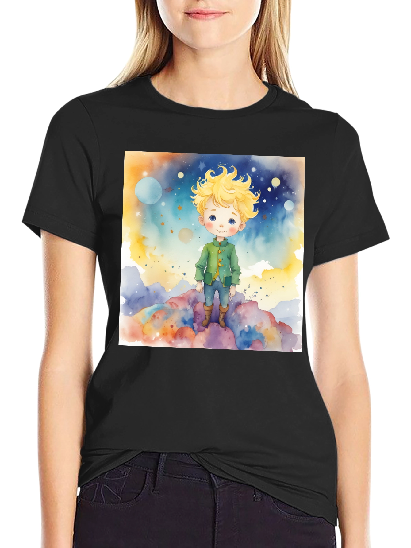 Black Little Prince Watercolor Graphic Tee - Soft Cotton Blend view 2
