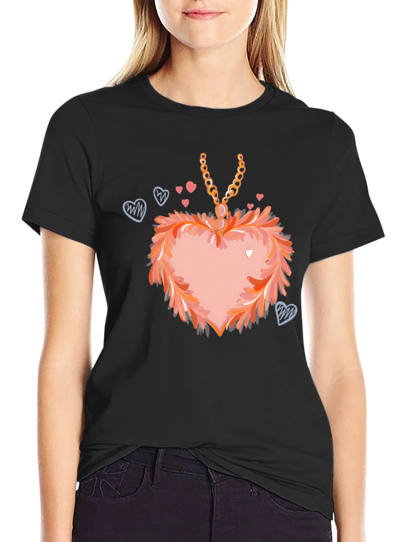 Black Heart Pendant T-Shirt: Fashionable Valentine's Day Apparel view 2