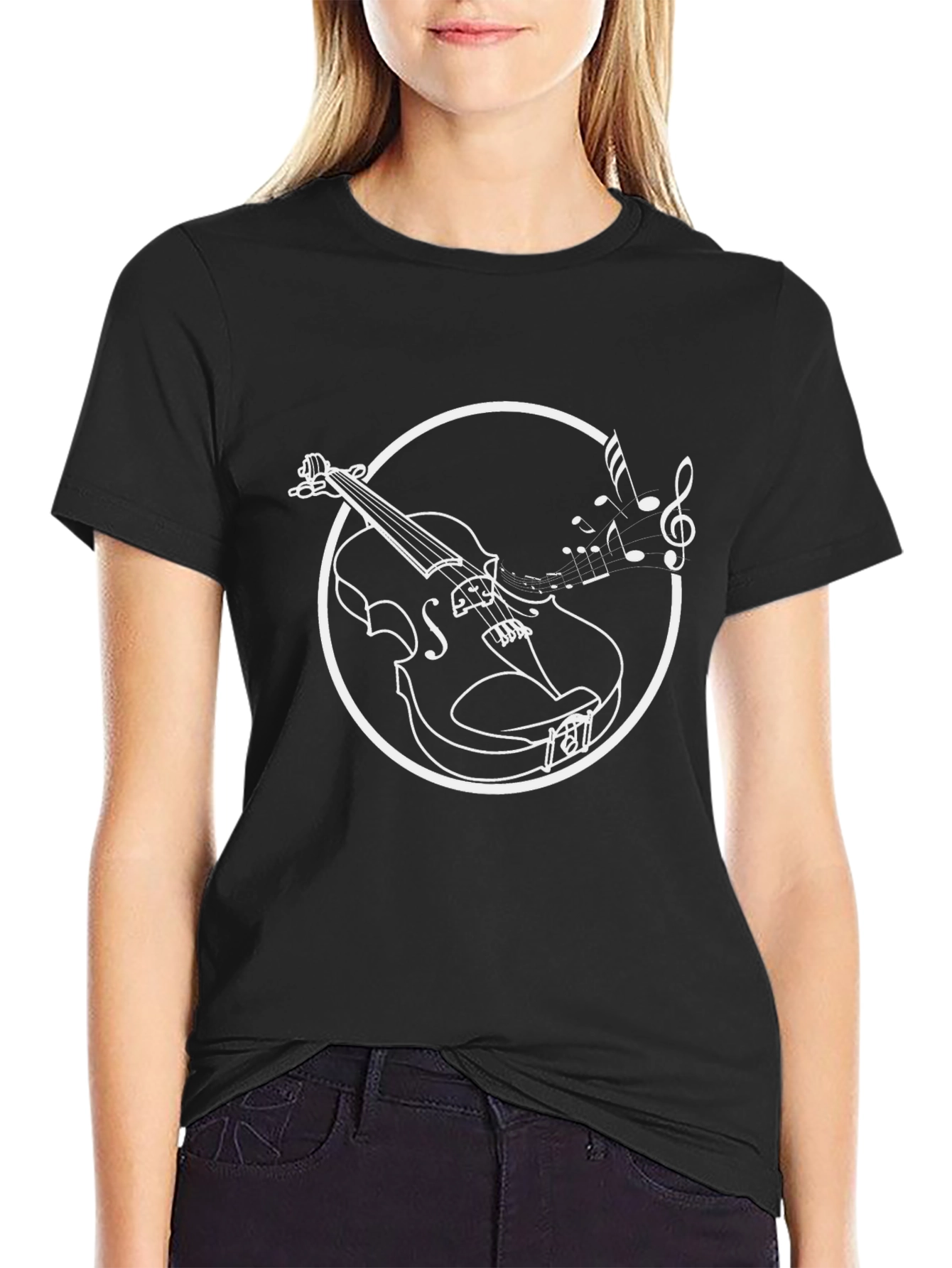 Black Musical Violin Graphic Tee - Black Cotton T-Shirt view 2