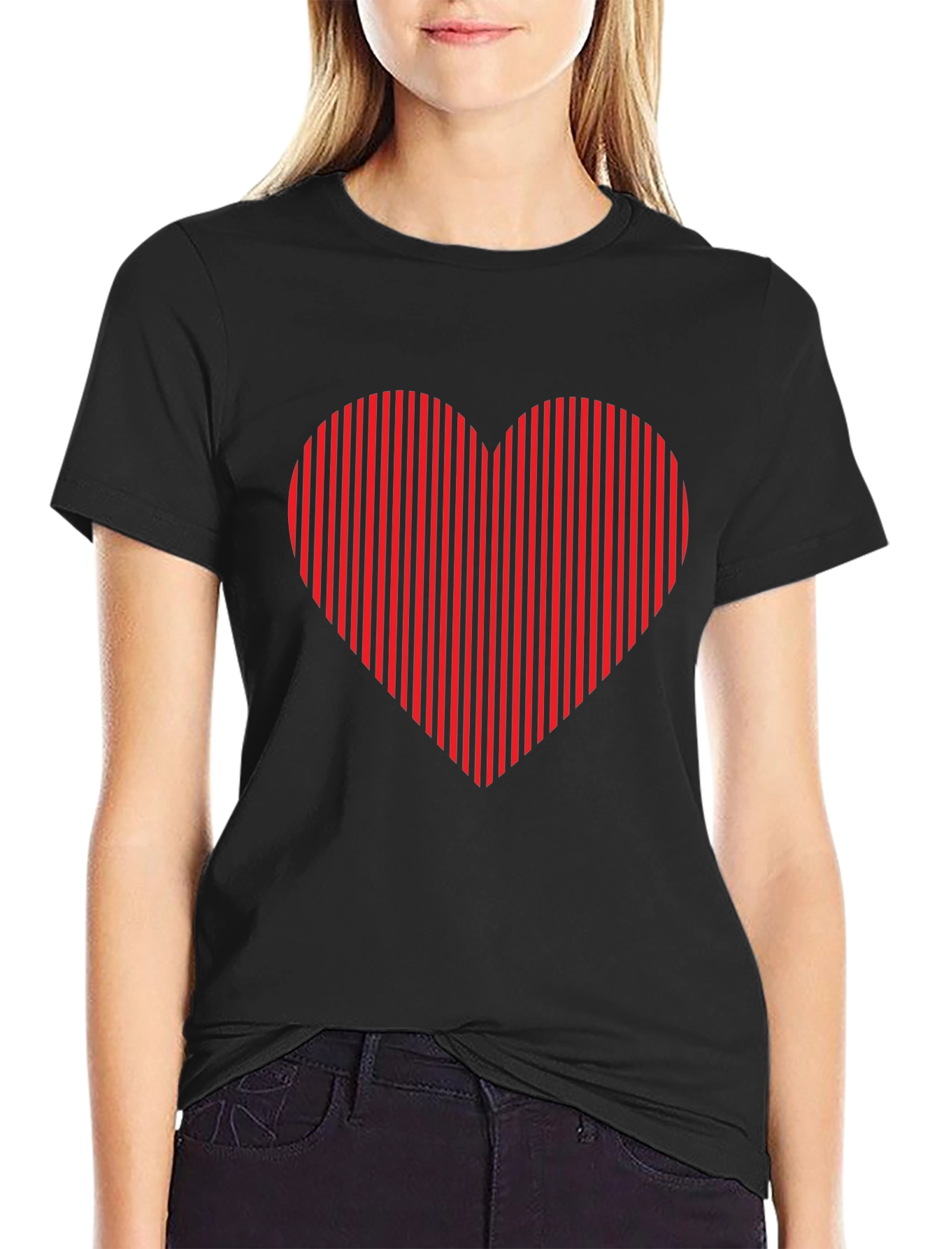 Black Striped Heart Graphic Tee - Black Casual Shirt view 2