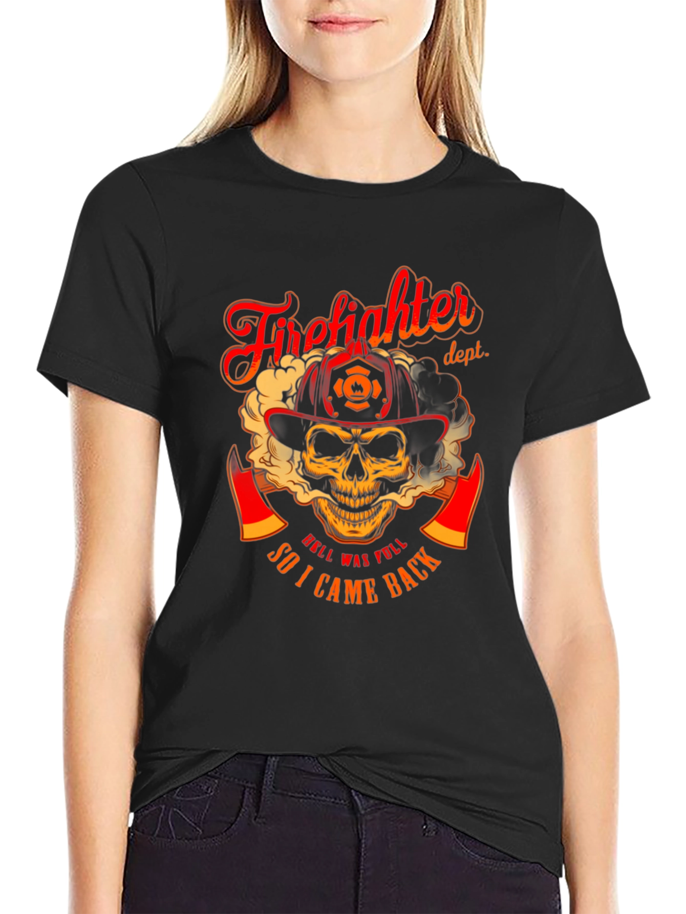 Black Firefighter Skull Graphic T-Shirt - "Hell Was Full" Design view 2