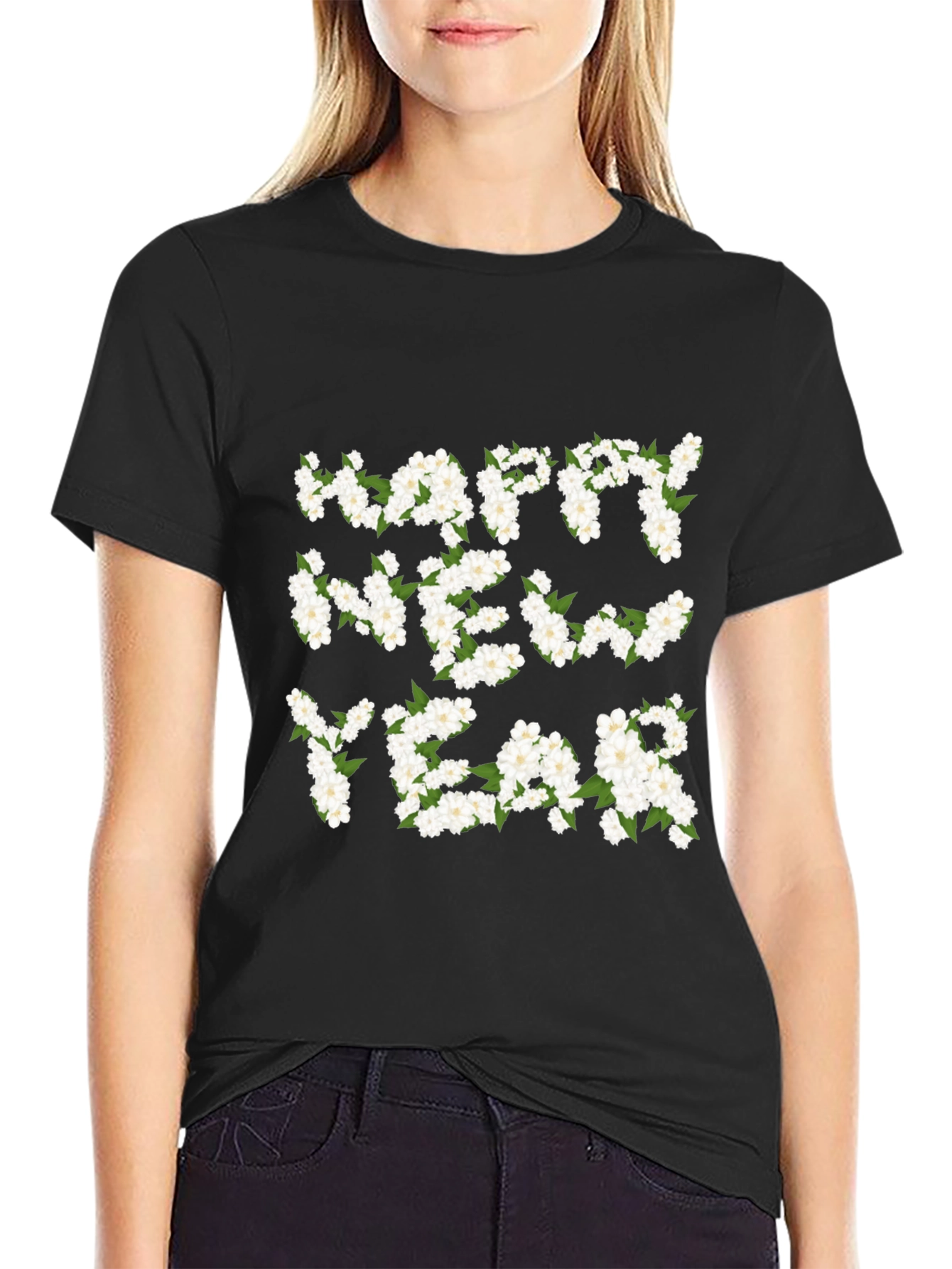 Black Happy New Year Floral T-Shirt view 2