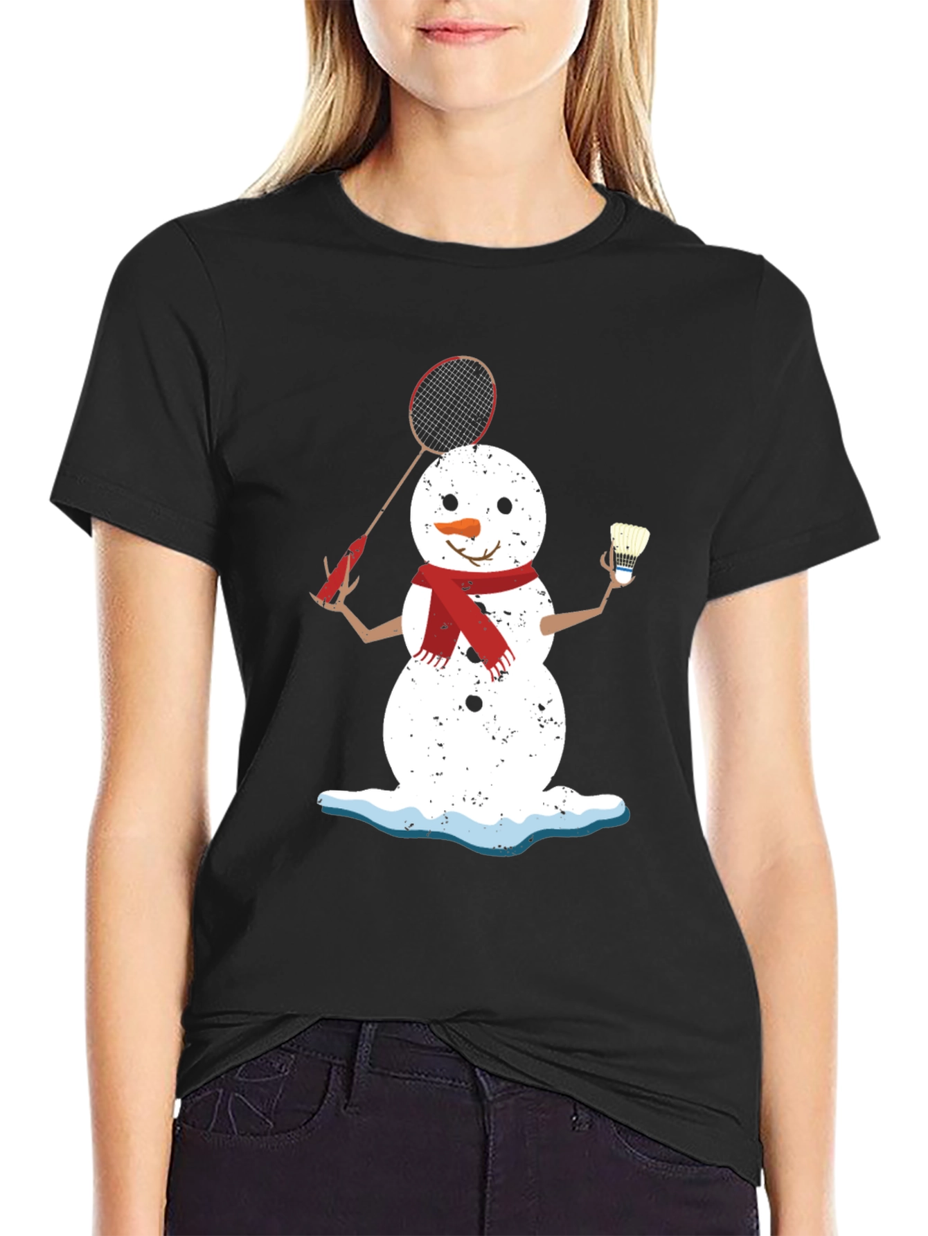 Black Snowman Badminton Player Graphic Tee view 2
