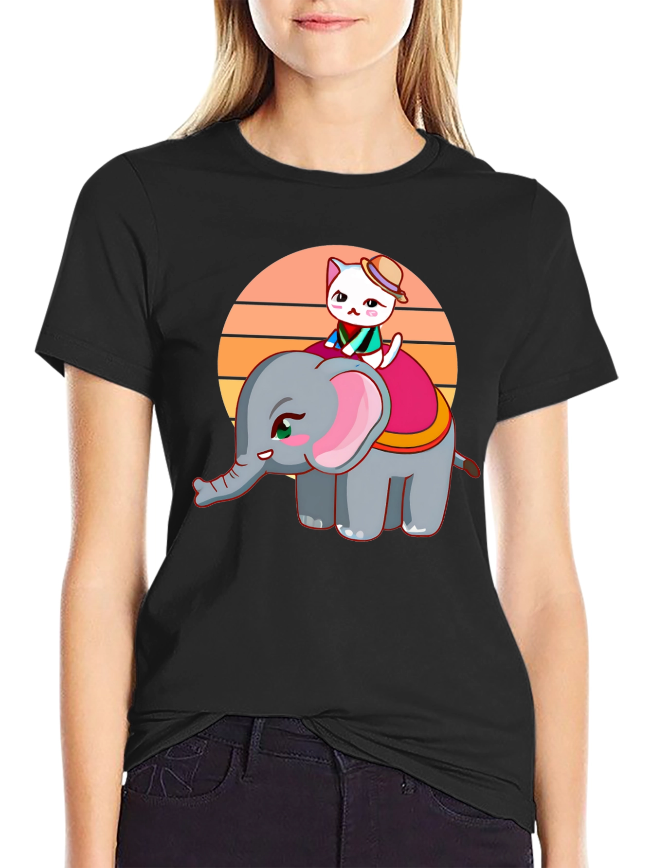 Black Cute Cartoon Elephant and Cat Graphic Tee view 2