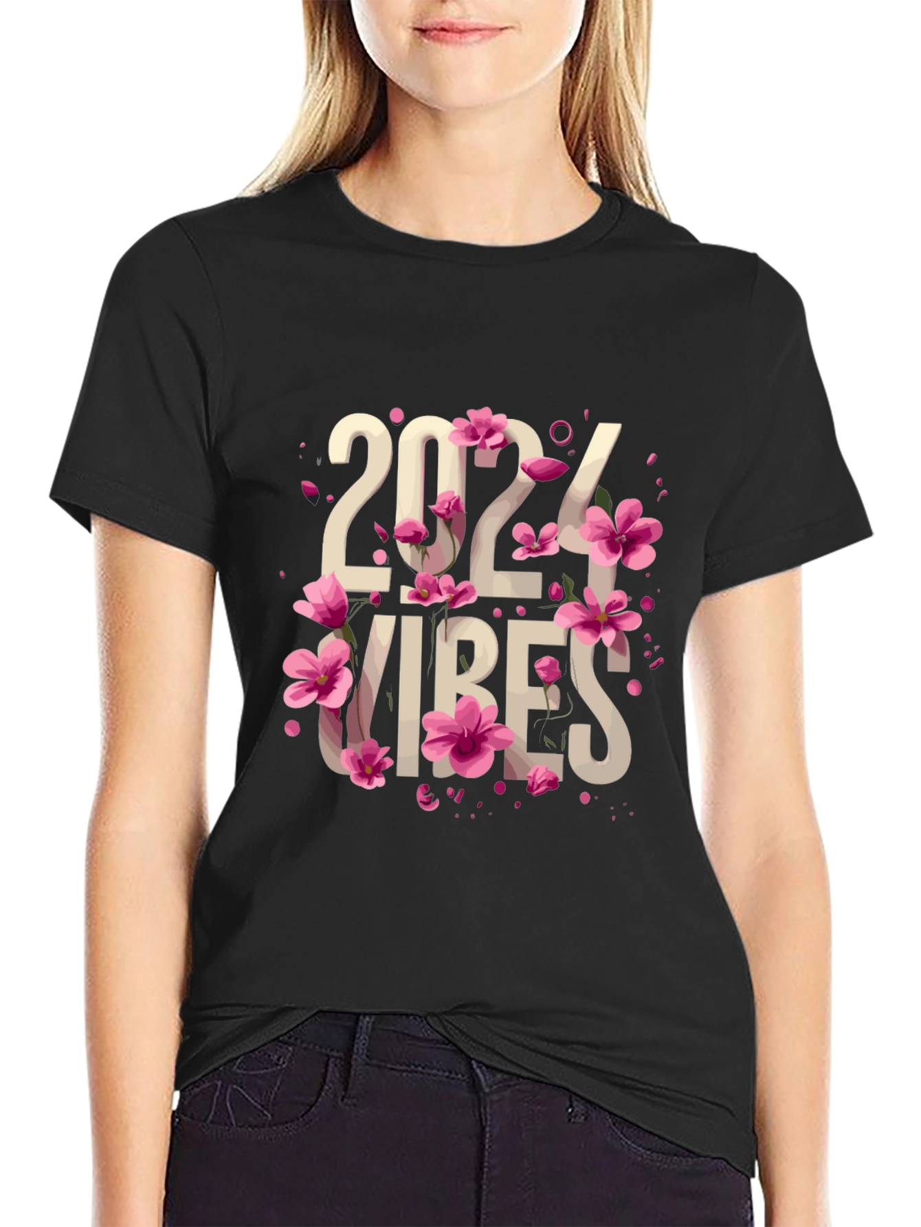 Black 2024 Vibes Floral T-Shirt view 2