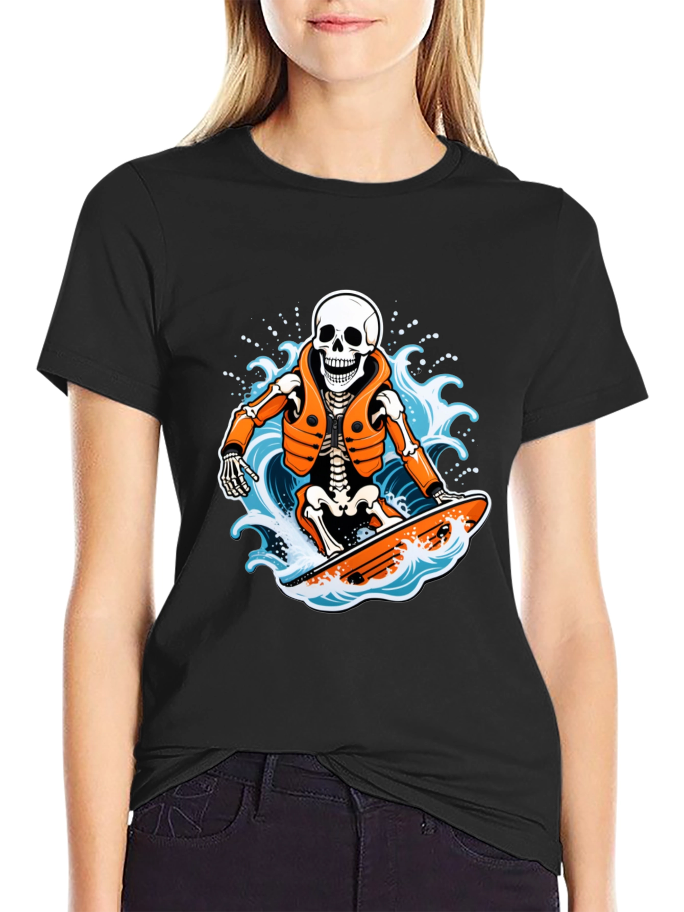 Black Skeleton Surfer Graphic T-Shirt - Black view 2