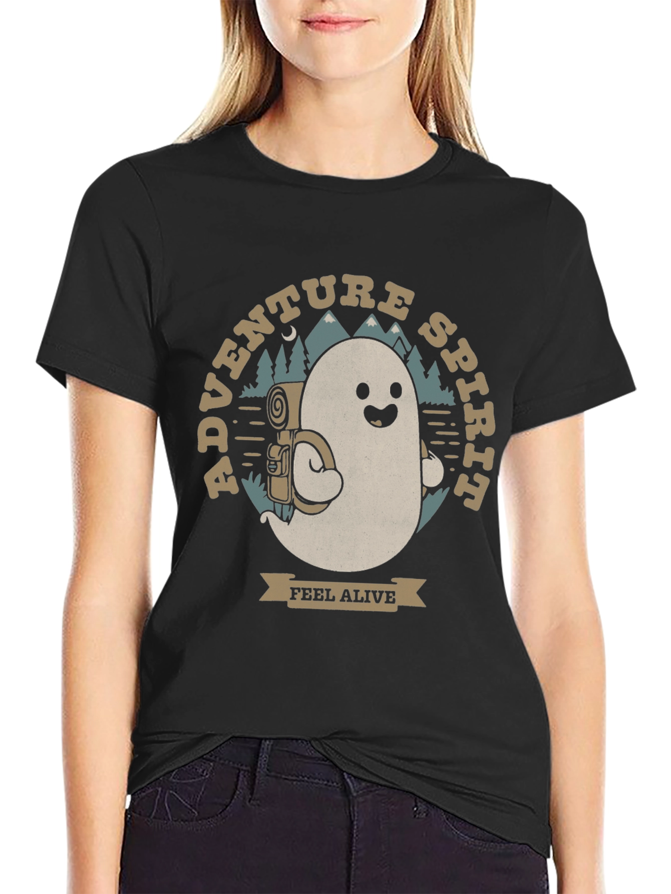 Black Adventure Spirit T-Shirt: Ghost with Backpack view 2
