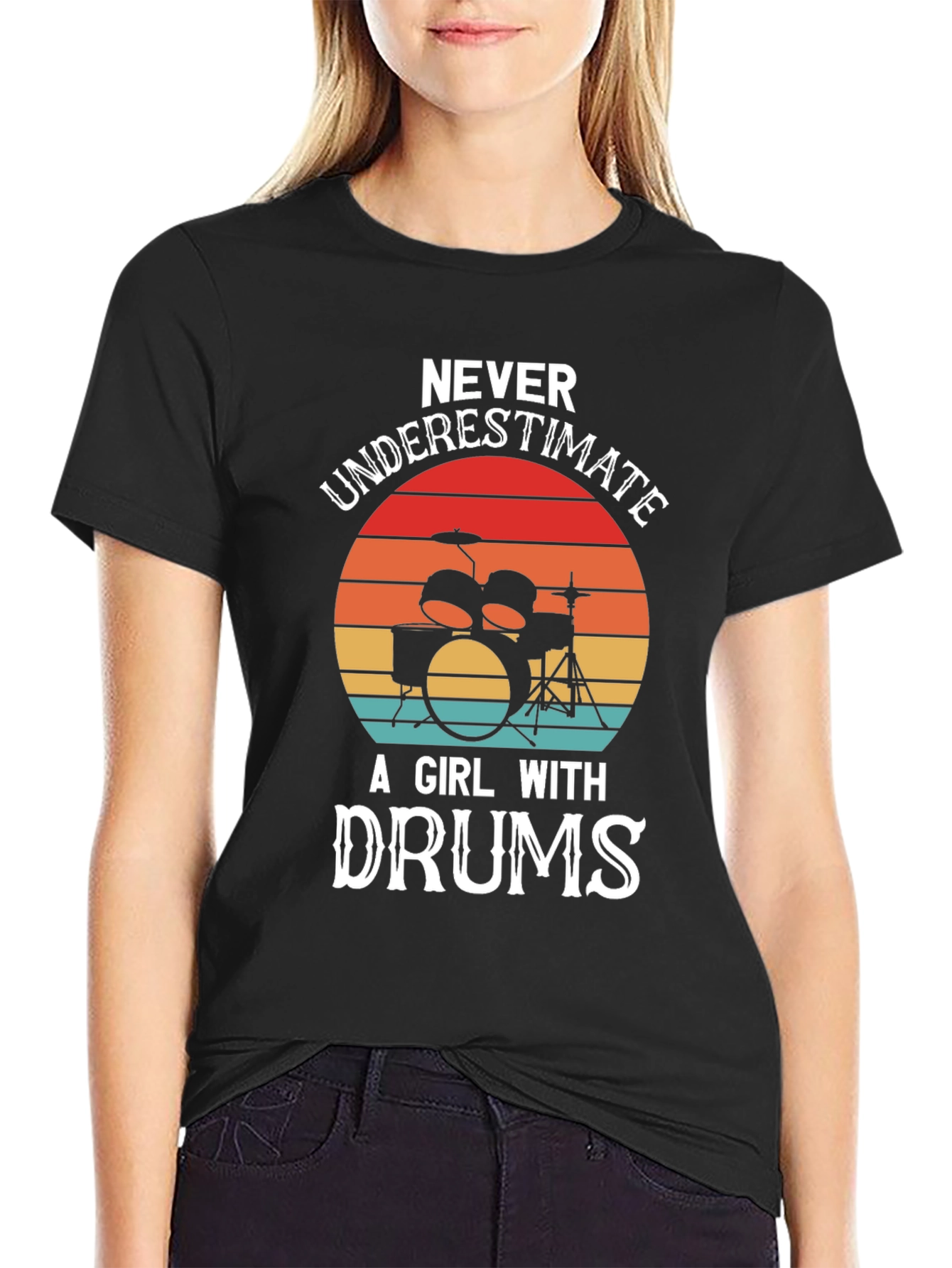 Black Never Underestimate a Girl with Drums Graphic T-Shirt view 2