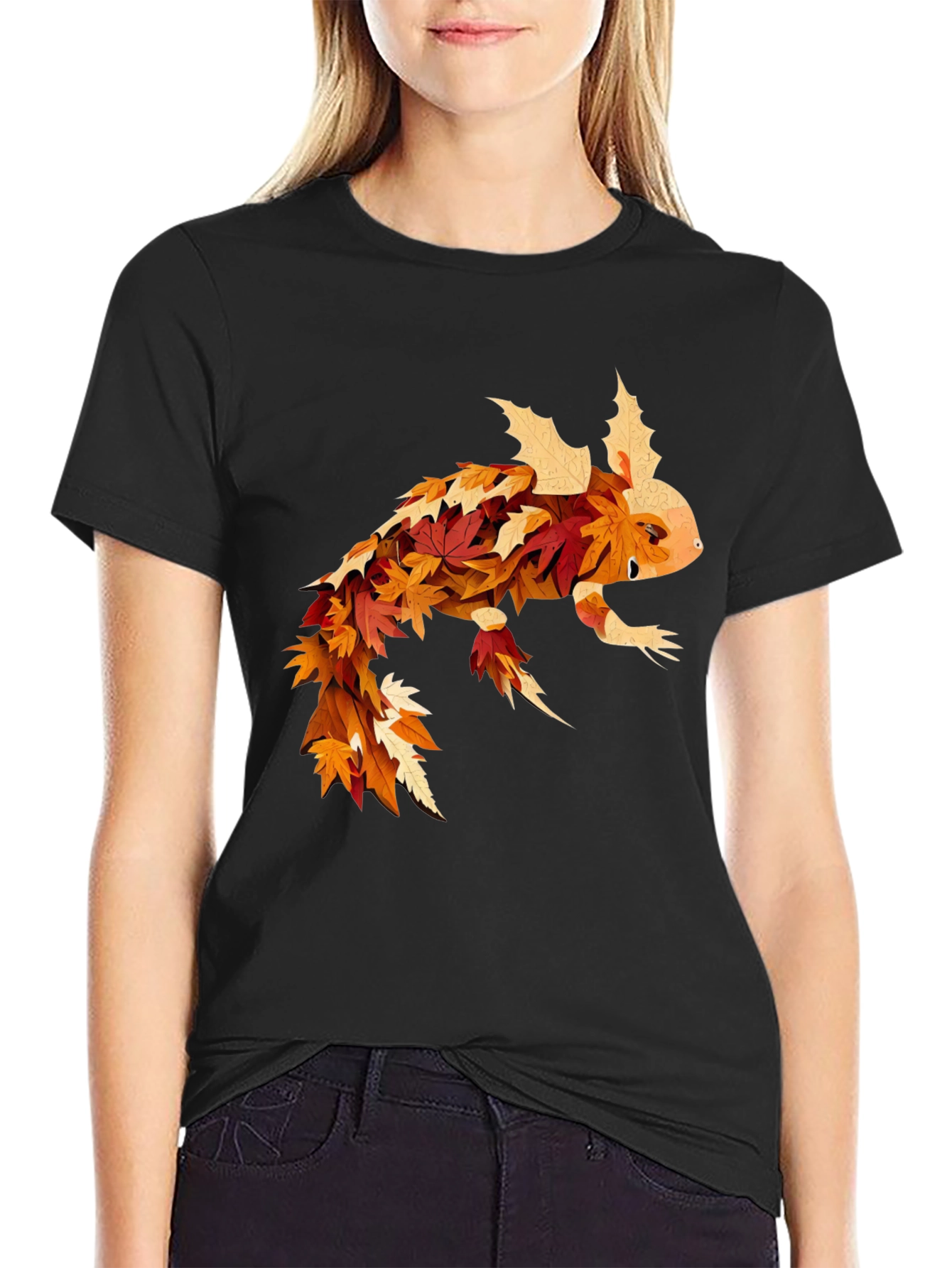 Black Fall Axolotl T-Shirt - Autumn Leaf Design view 2