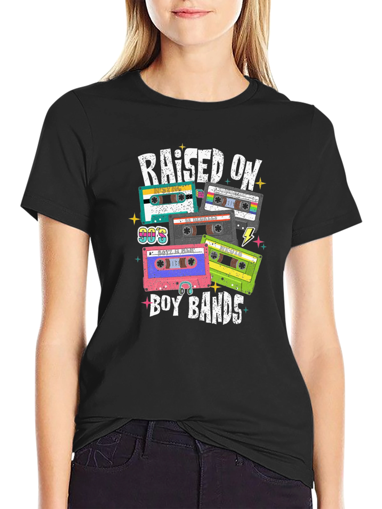 Black Raised on Boy Bands 90s Cassette Tape T-Shirt view 2