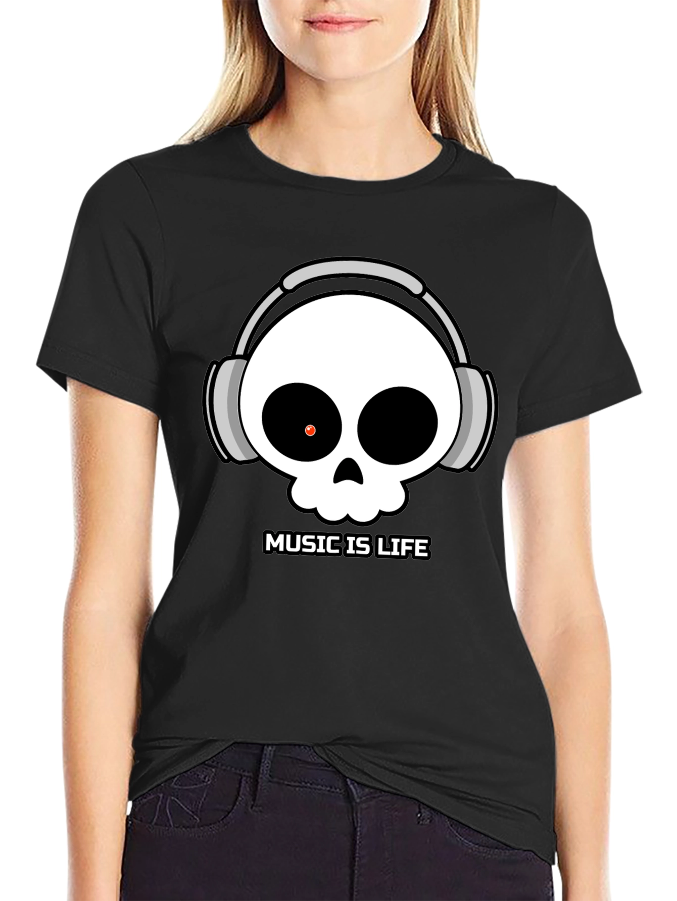 Black Music Is Life Skull T-Shirt - Black Cotton Tee view 2