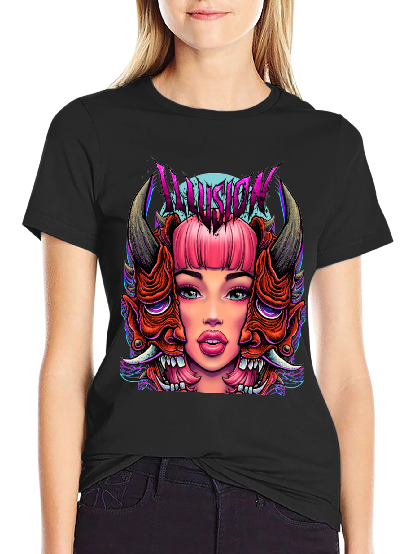 Black Illusion Graphic Tee - Edgy Demon Girl Design view 2