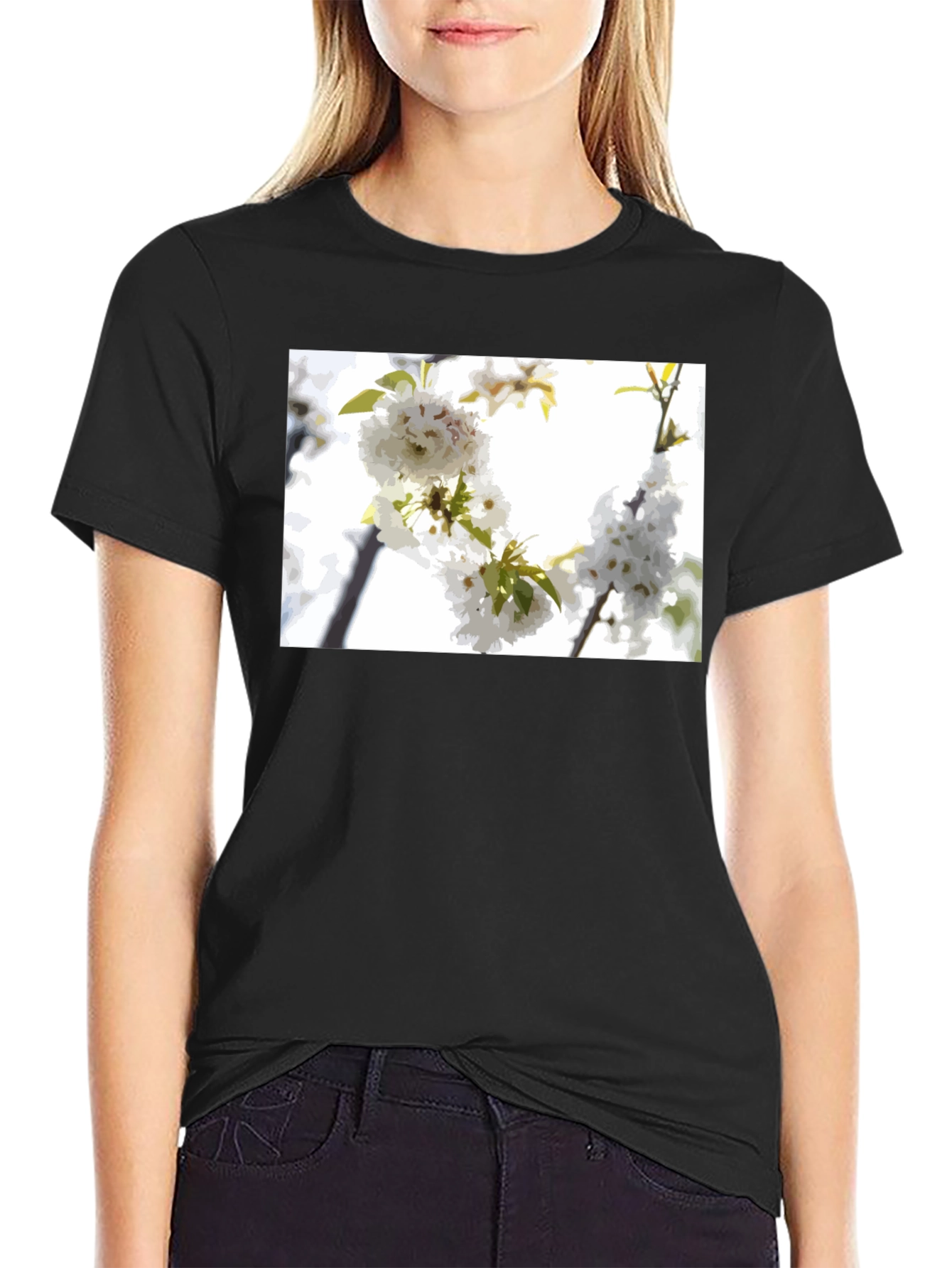 Black White Flower T-Shirt - Black Cotton Blossom Tee view 2