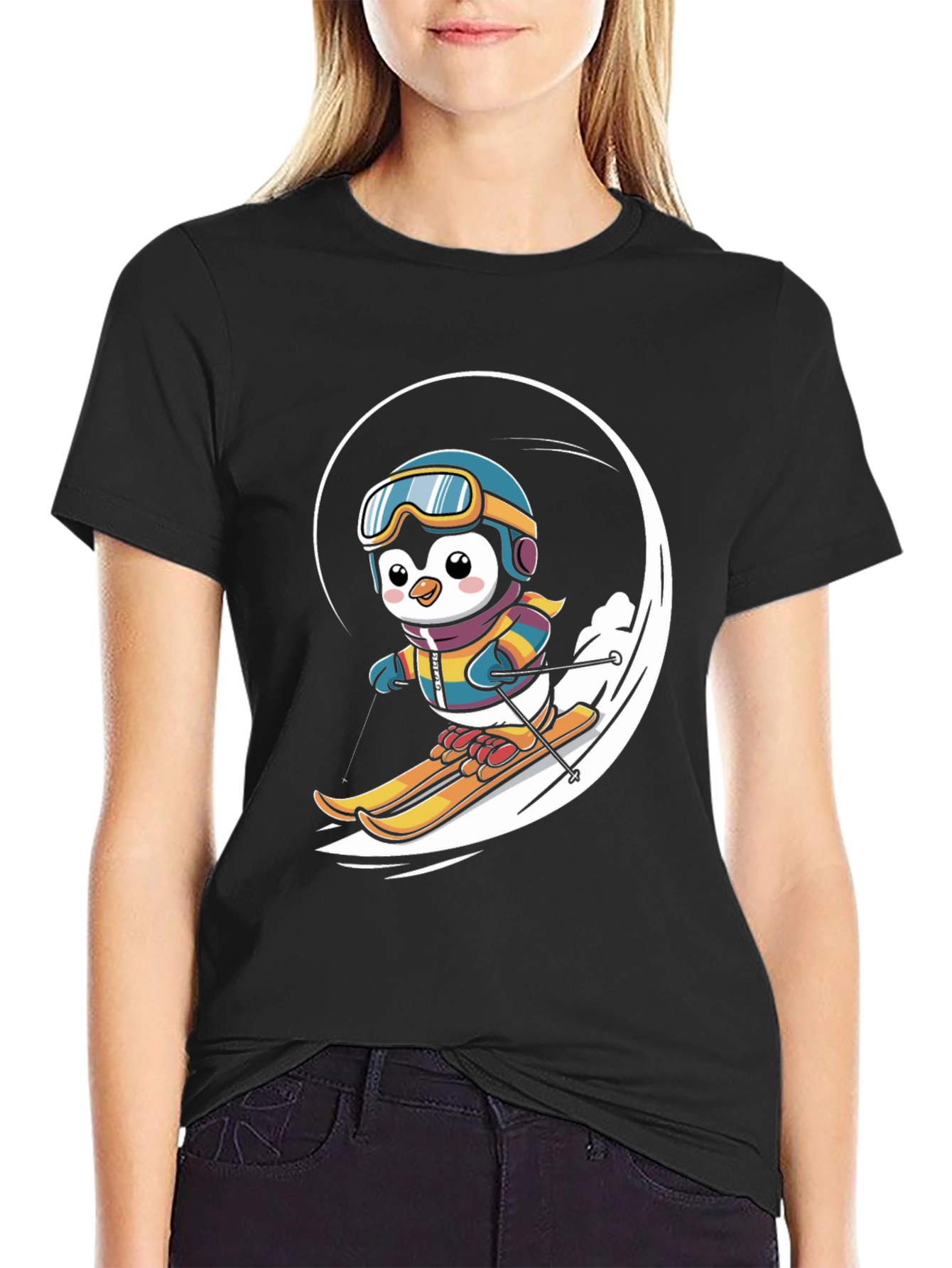 Black Penguin Skiing Graphic Tee - Winter Fun T-Shirt view 2