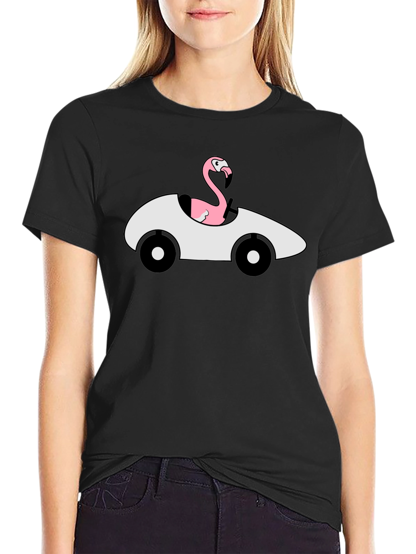 Black Flamingo Driving Car Graphic T-Shirt view 2