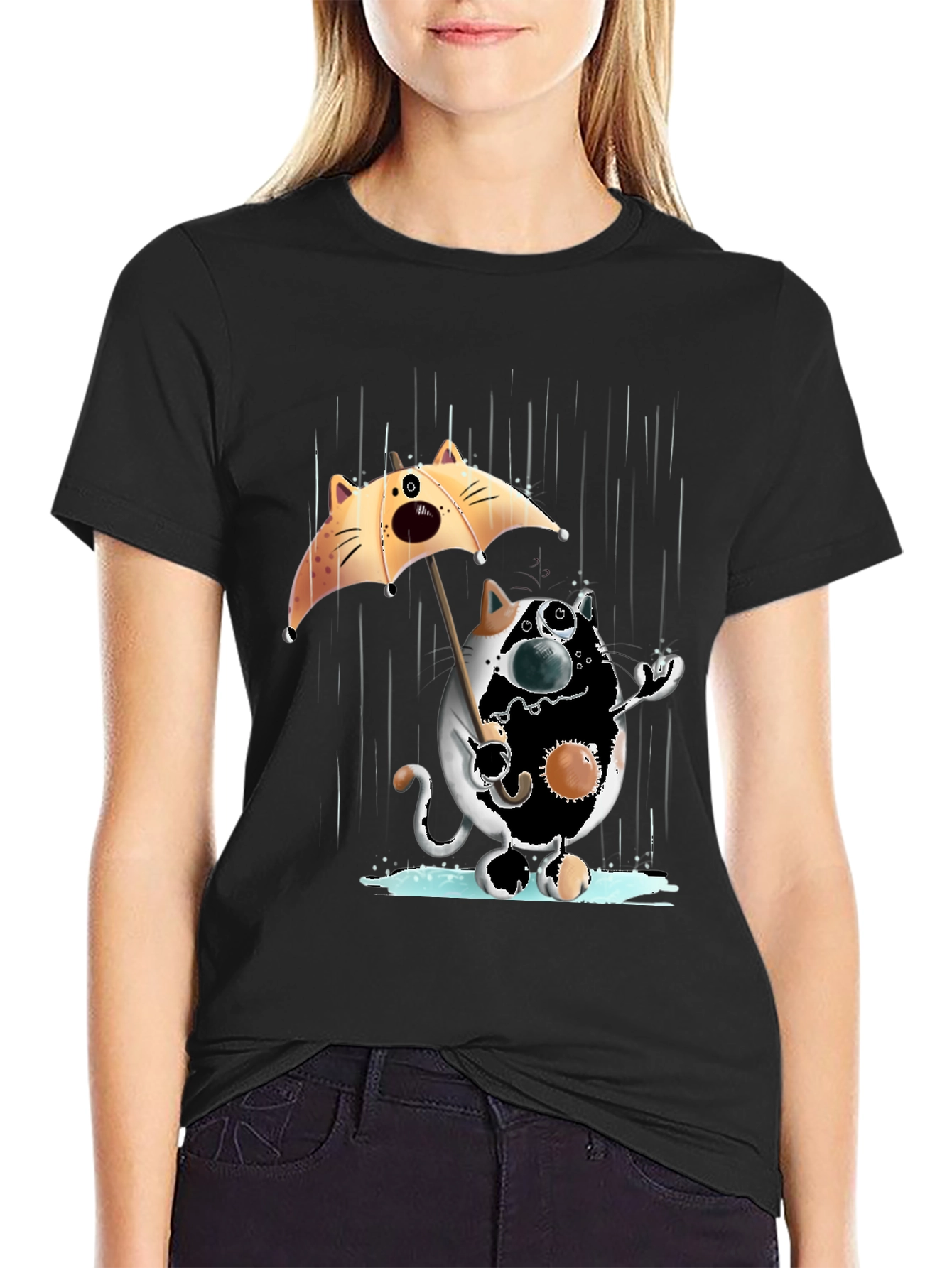 Black Funny Cat in Rain Graphic T-Shirt view 2