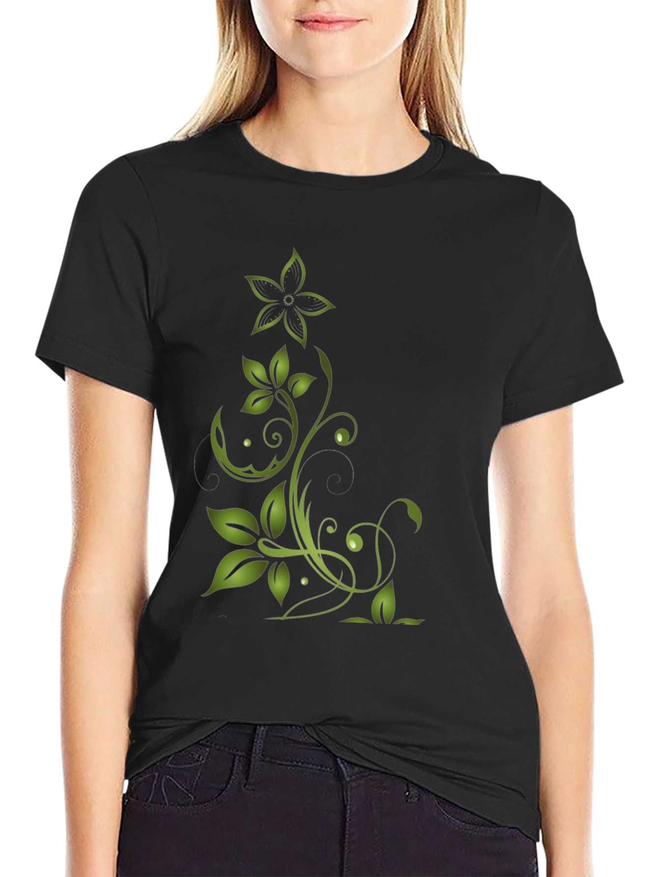 Black Green Floral Design Black T-Shirt view 2