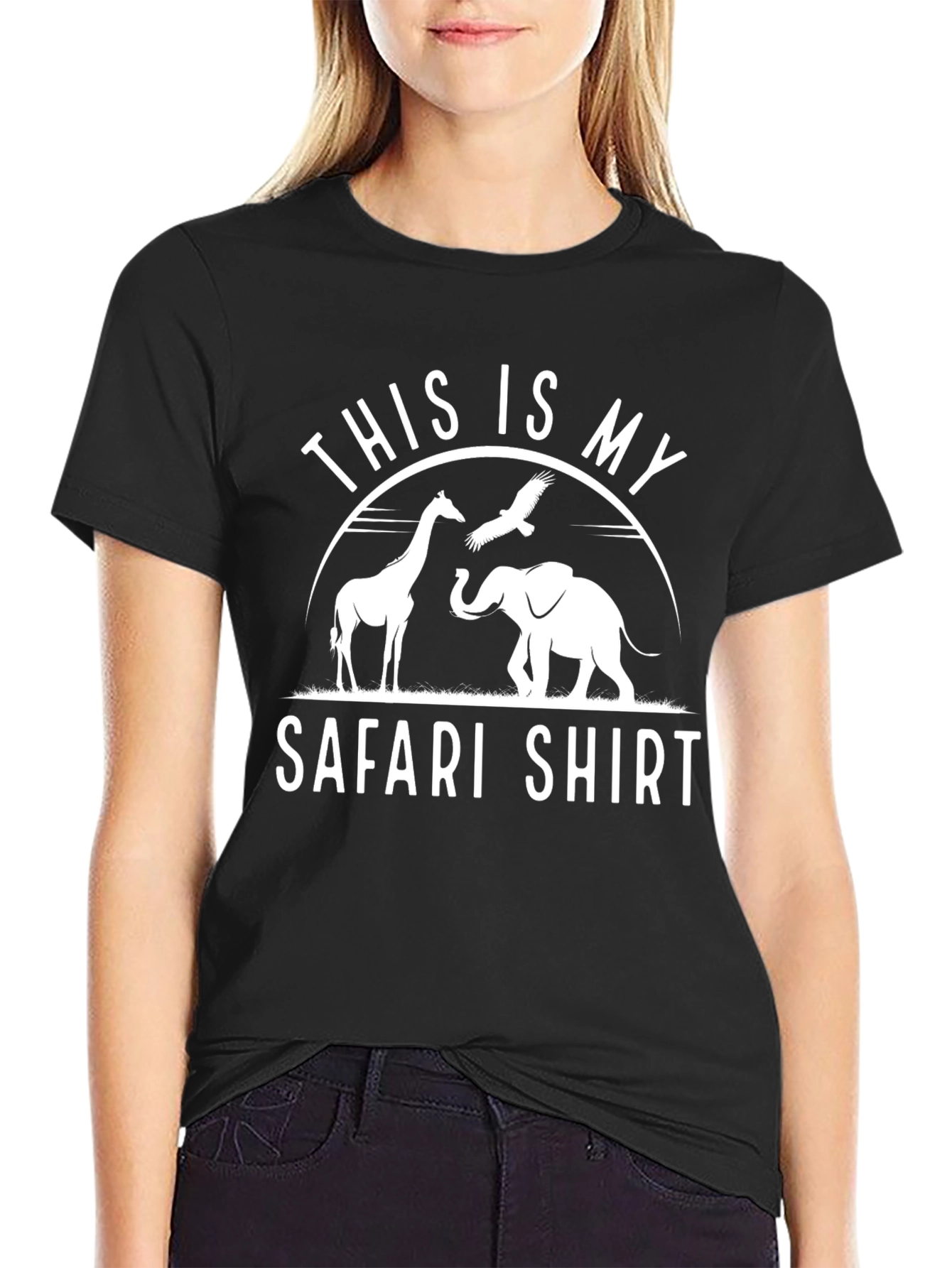 Black Safari Shirt: Giraffe, Elephant, and Eagle Design view 2
