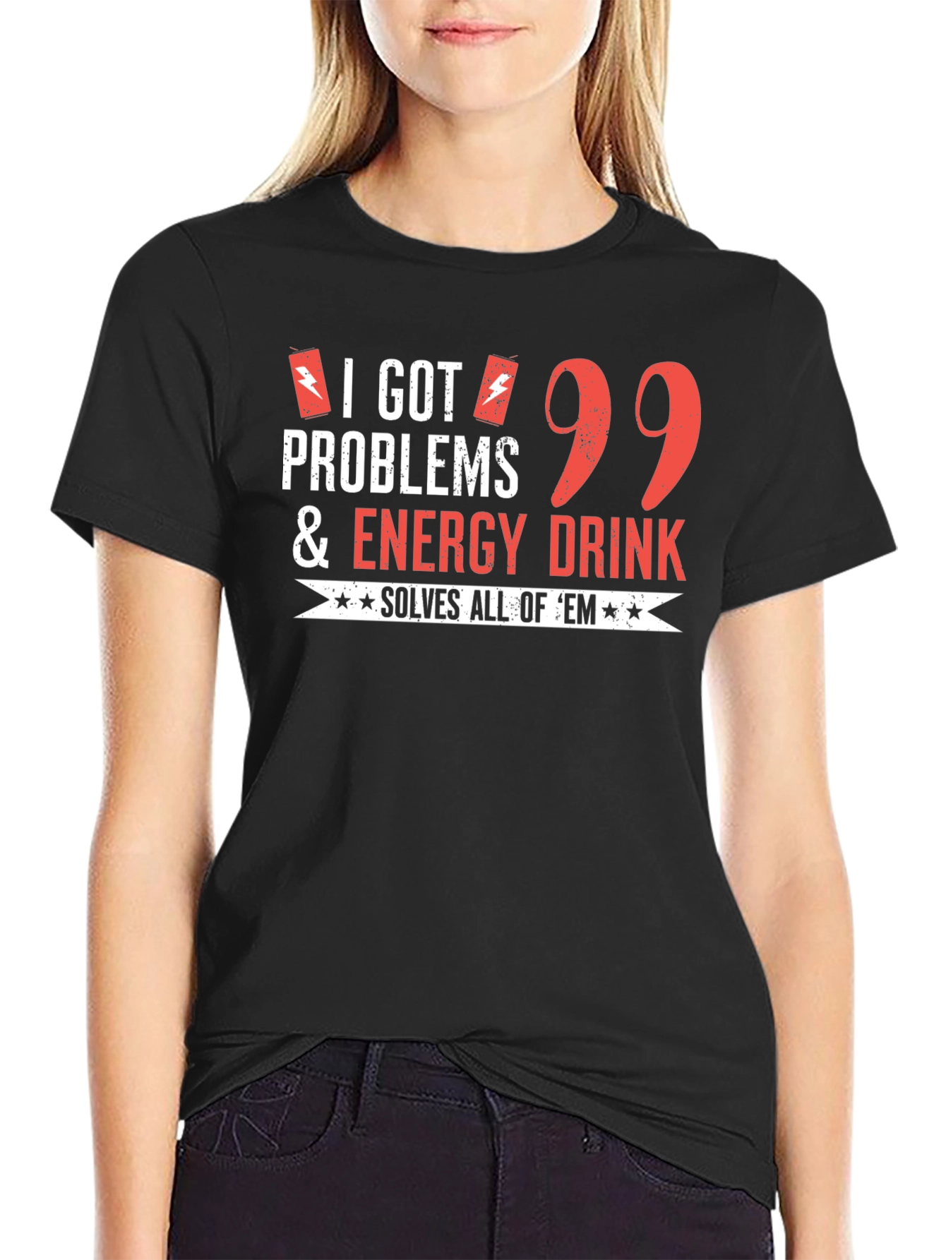 Black Funny Energy Drink T-Shirt: 99 Problems Solved view 2