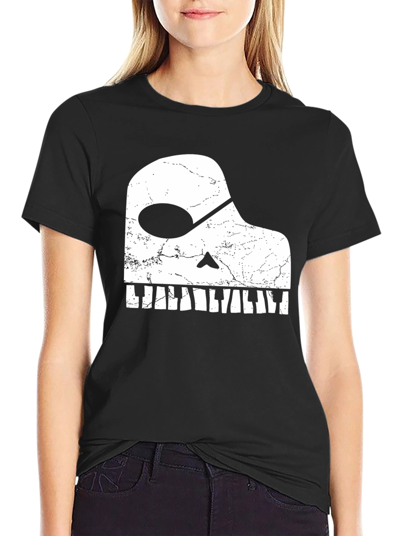 Black Piano Skull Graphic Tee - Musician Novelty T-Shirt view 2