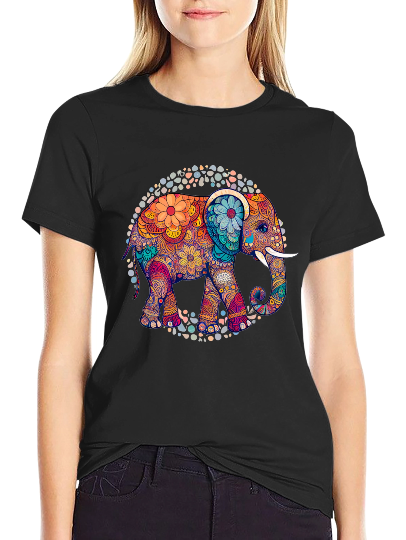 Black Elephant Mandala Graphic Tee - Black view 2