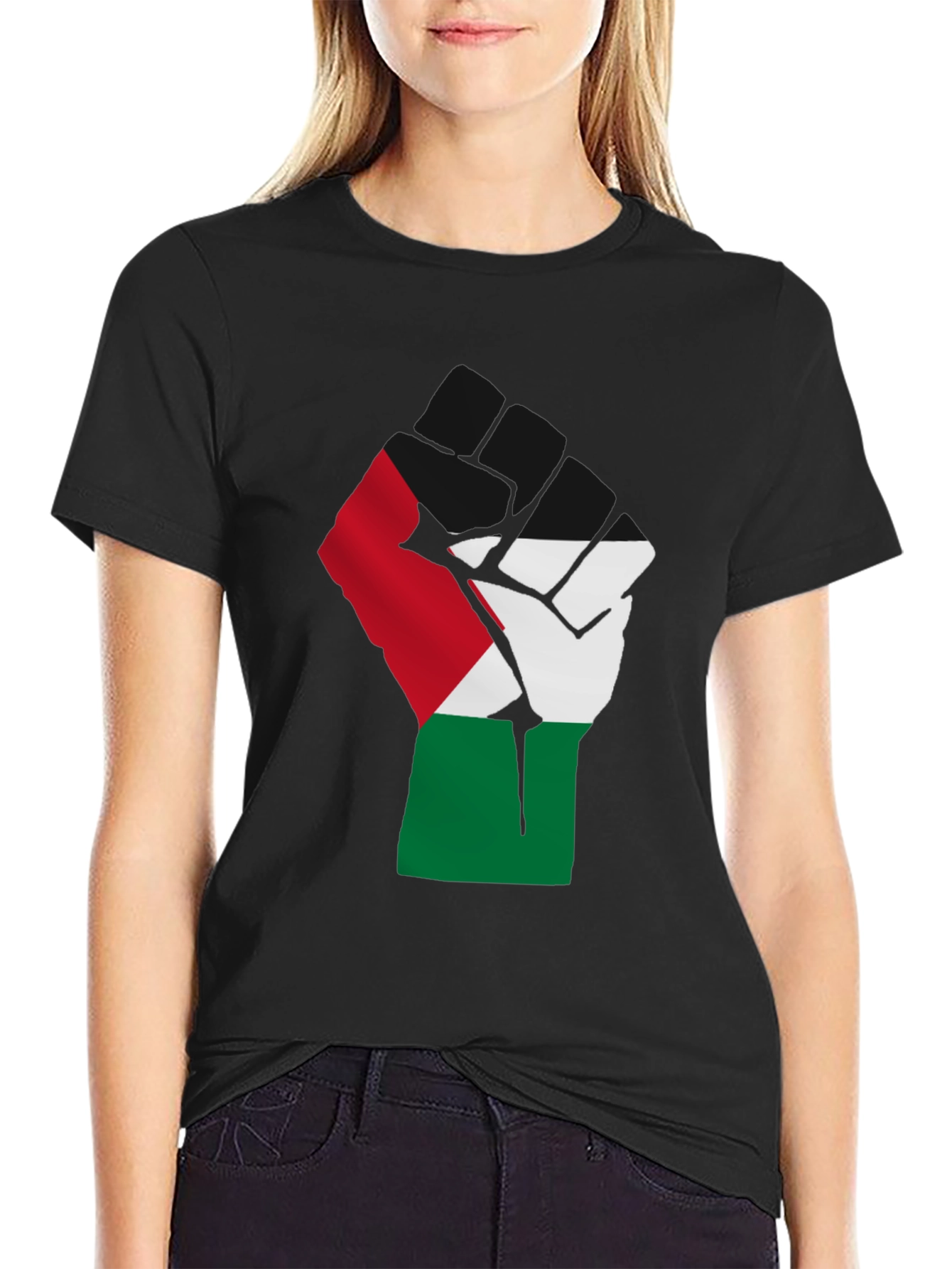 Black Palestine Flag Raised Fist T-Shirt - Black view 2