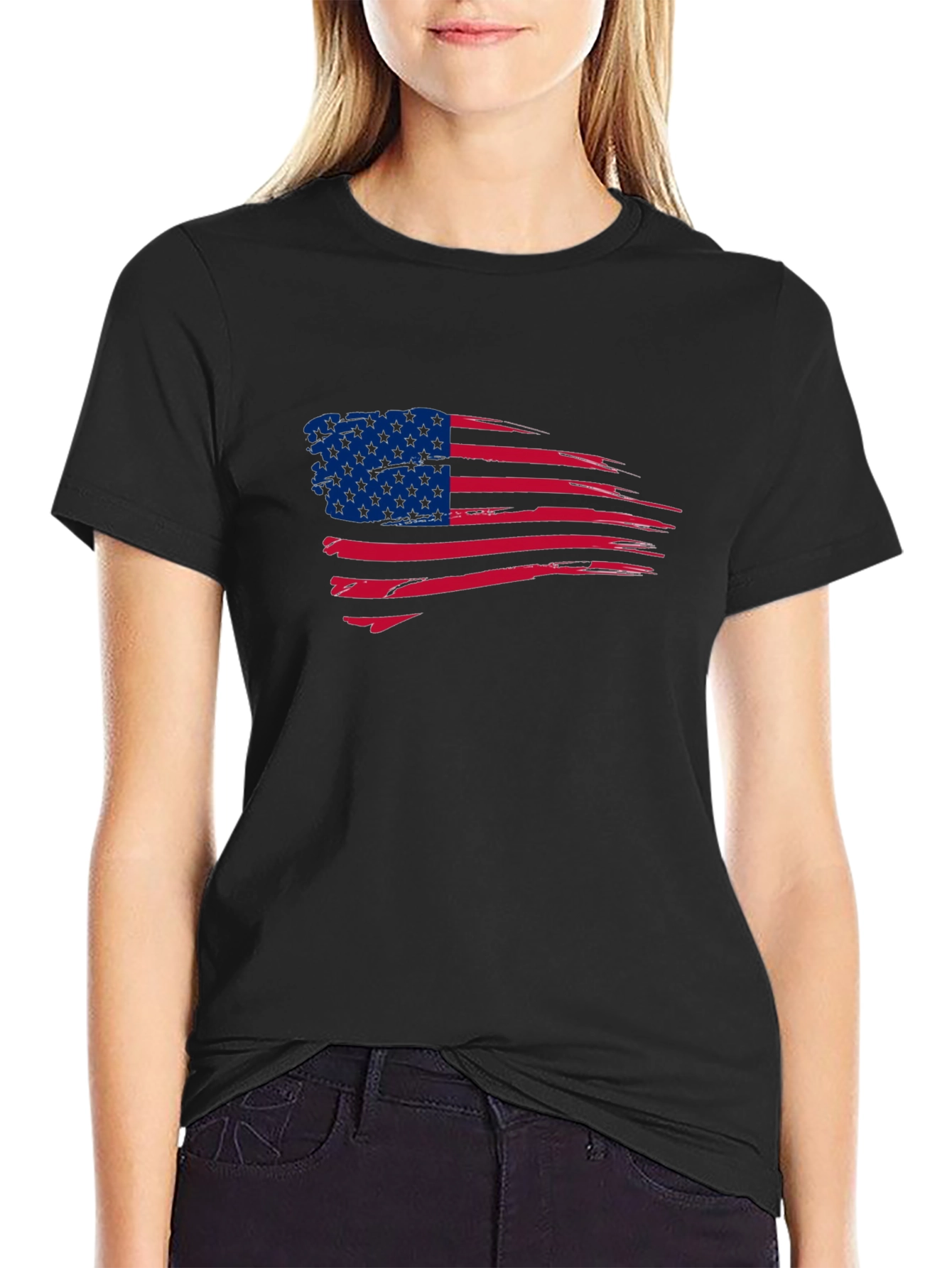 Black American Flag Graphic Print Crew Neck T-Shirt view 2