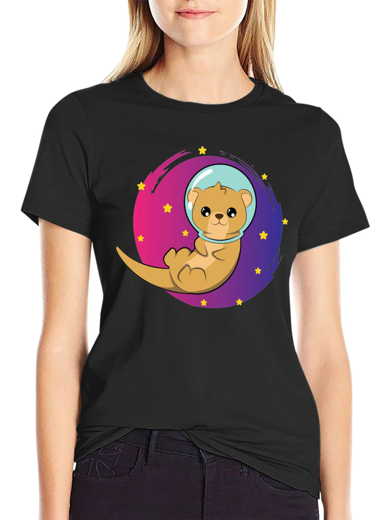 Black Space Otter T-Shirt - Galaxy Cute Tee view 2