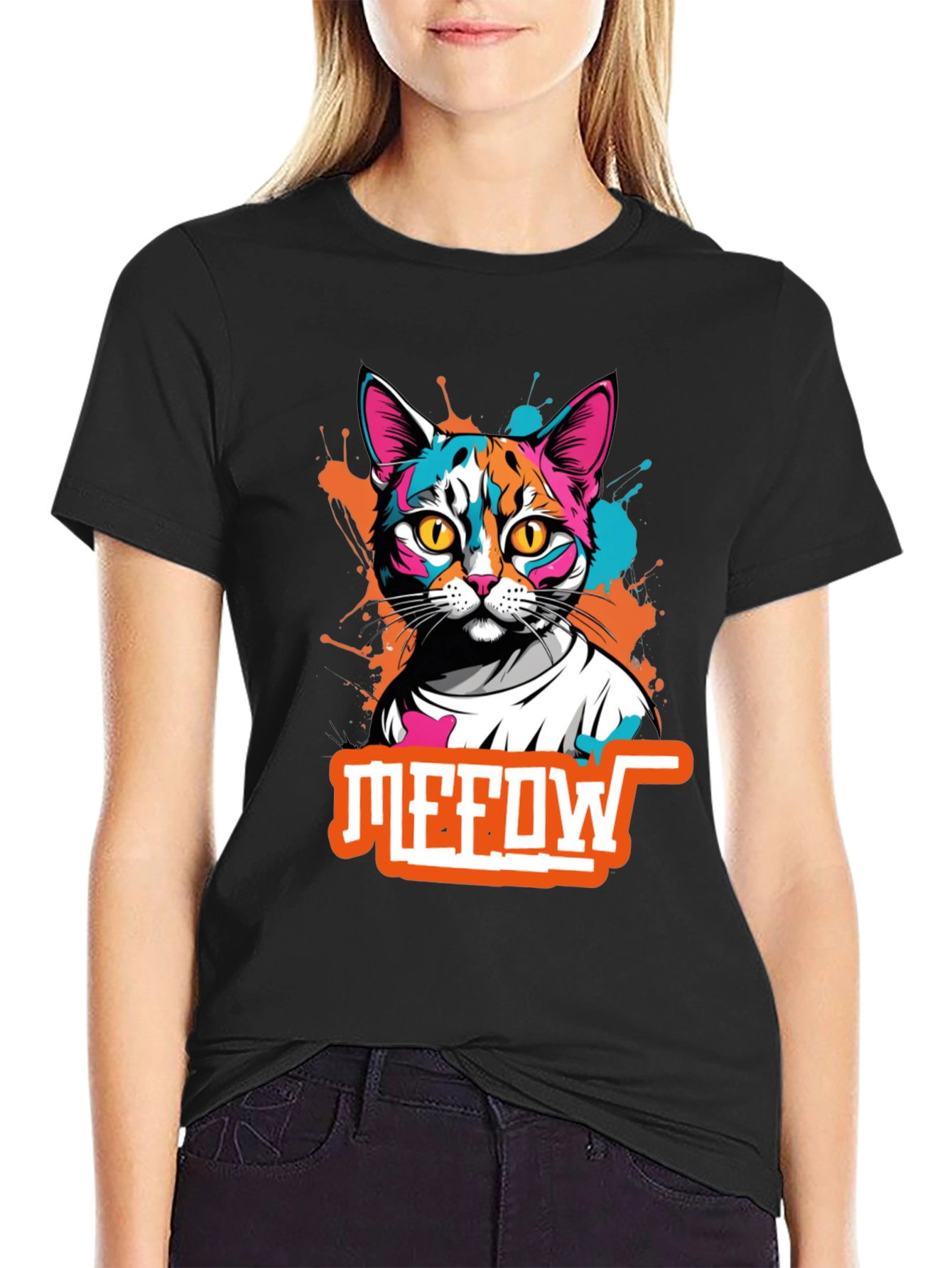 Black Cool Cat Graphic Tee - Meow T-Shirt view 2